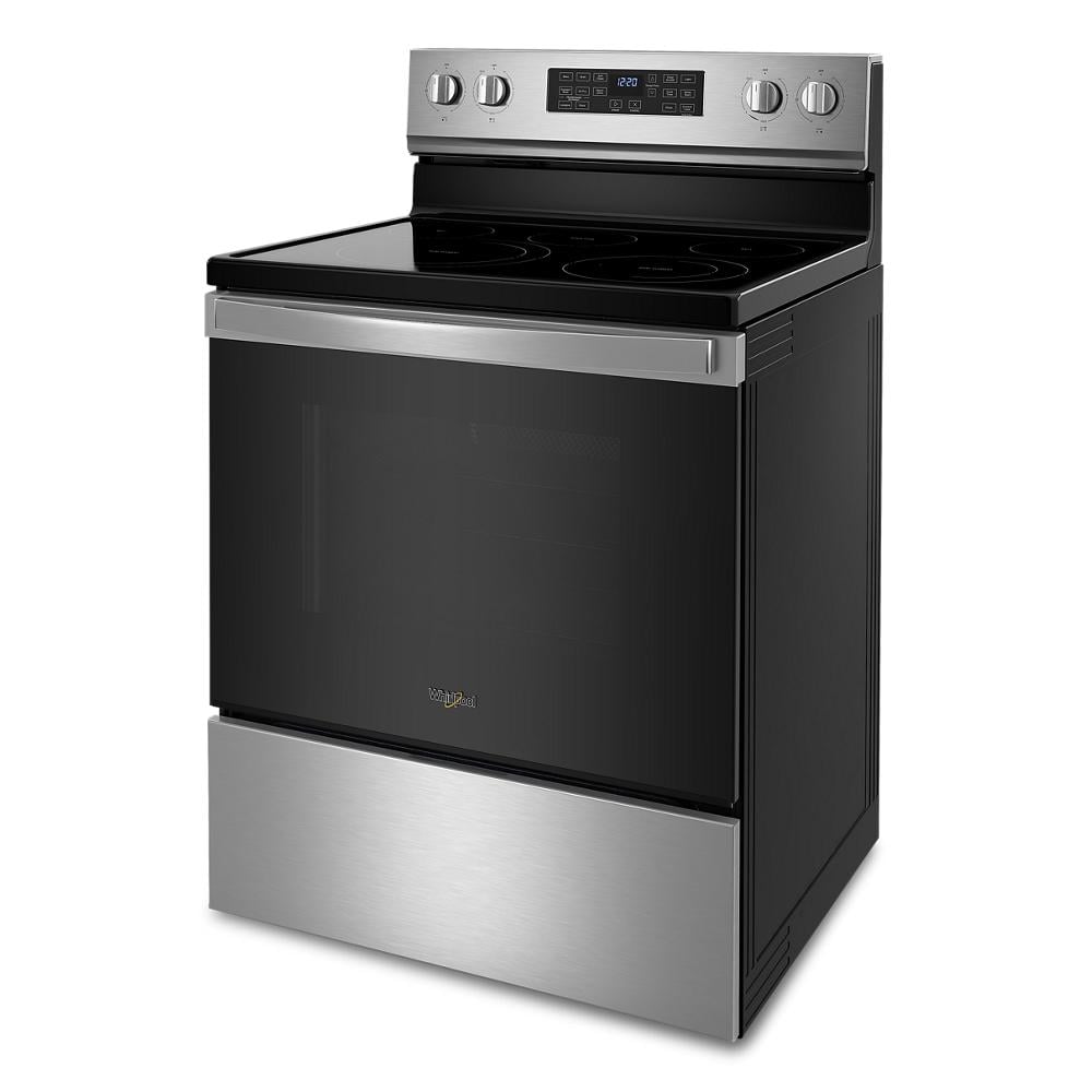 Estufa eléctrica independiente con horno de convección de freidora de aire y 5 quemadores de vidrio de 30 pulgadas, resistente a huellas dactilares de acero inoxidable WFE550S0LZ de Whirlpool
