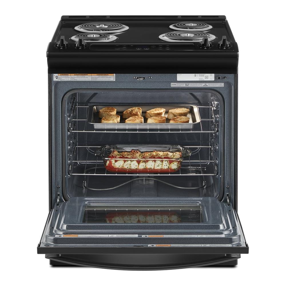 Estufa eléctrica deslizable Whirlpool de 30 pulgadas con 4 quemadores y horno de 4.8 pies cúbicos en color negro.