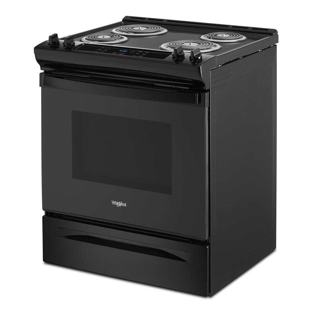 Estufa eléctrica deslizable Whirlpool de 30 pulgadas con 4 quemadores y horno de 4.8 pies cúbicos en color negro.
