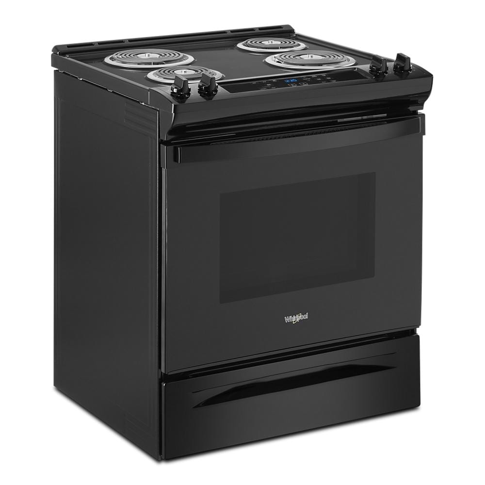 Estufa eléctrica deslizable Whirlpool de 30 pulgadas con 4 quemadores y horno de 4.8 pies cúbicos en color negro.