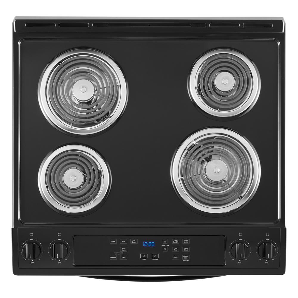 Estufa eléctrica deslizable Whirlpool de 30 pulgadas con 4 quemadores y horno de 4.8 pies cúbicos en color negro.