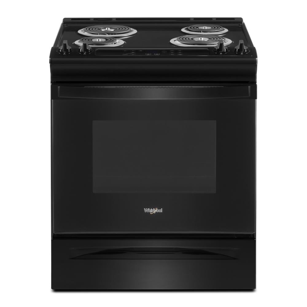 Estufa eléctrica deslizable Whirlpool de 30 pulgadas con 4 quemadores y horno de 4.8 pies cúbicos en color negro.