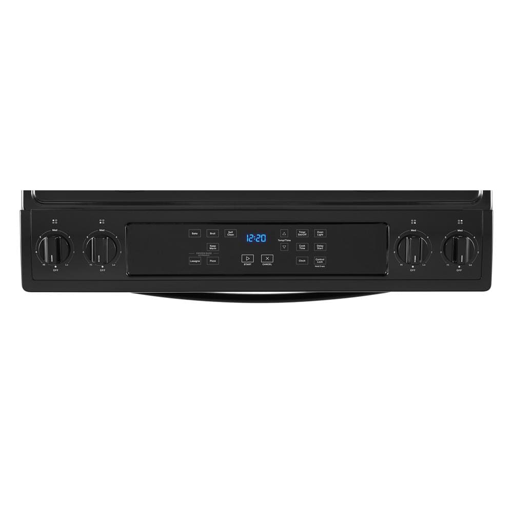 Estufa eléctrica deslizable Whirlpool de 30 pulgadas con 4 quemadores y horno de 4.8 pies cúbicos en color negro.