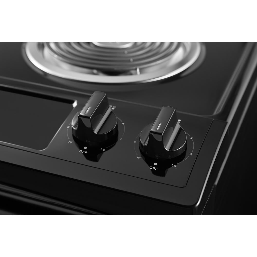 Estufa eléctrica deslizable Whirlpool de 30 pulgadas con 4 quemadores y horno de 4.8 pies cúbicos en color negro.