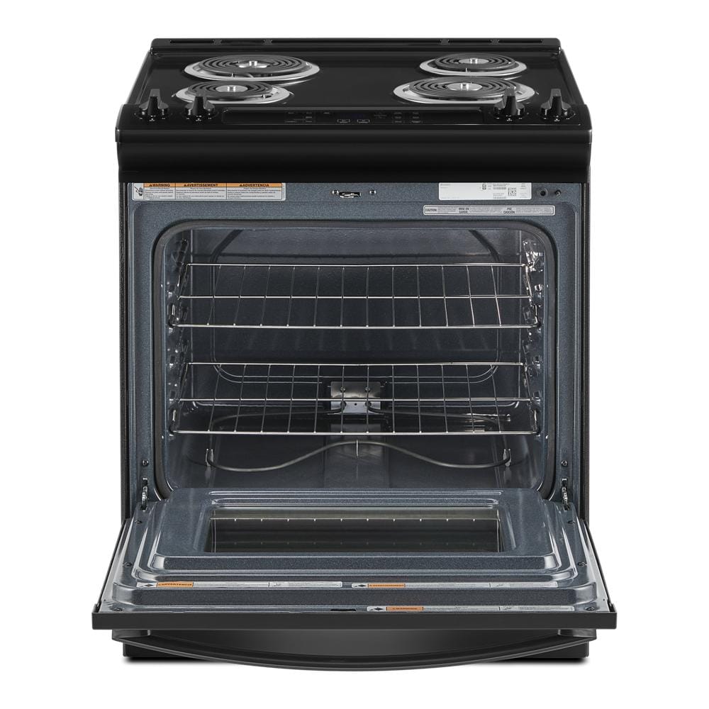 Estufa eléctrica deslizable Whirlpool de 30 pulgadas con 4 quemadores y horno de 4.8 pies cúbicos en color negro.