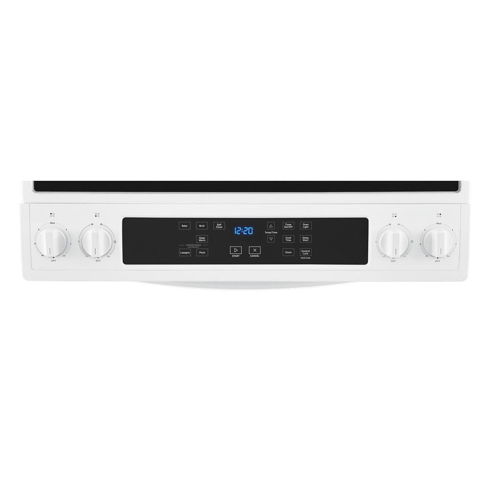 Estufa eléctrica deslizable Whirlpool de 30 pulgadas con cubierta de vidrio y 4 quemadores en color blanco