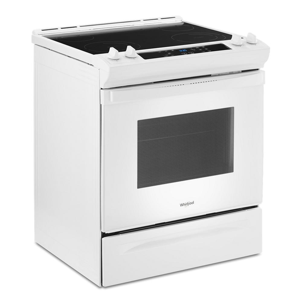 Estufa eléctrica deslizable Whirlpool de 30 pulgadas con cubierta de vidrio y 4 quemadores en color blanco