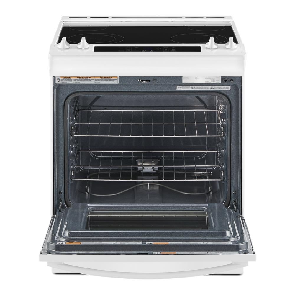 Estufa eléctrica deslizable Whirlpool de 30 pulgadas con cubierta de vidrio y 4 quemadores en color blanco