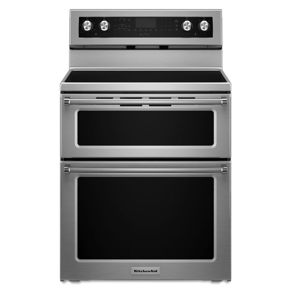 Estufa eléctrica de doble horno independiente con 5 quemadores de vidrio 30 pulgadas de KitchenAid (acero inoxidable)
