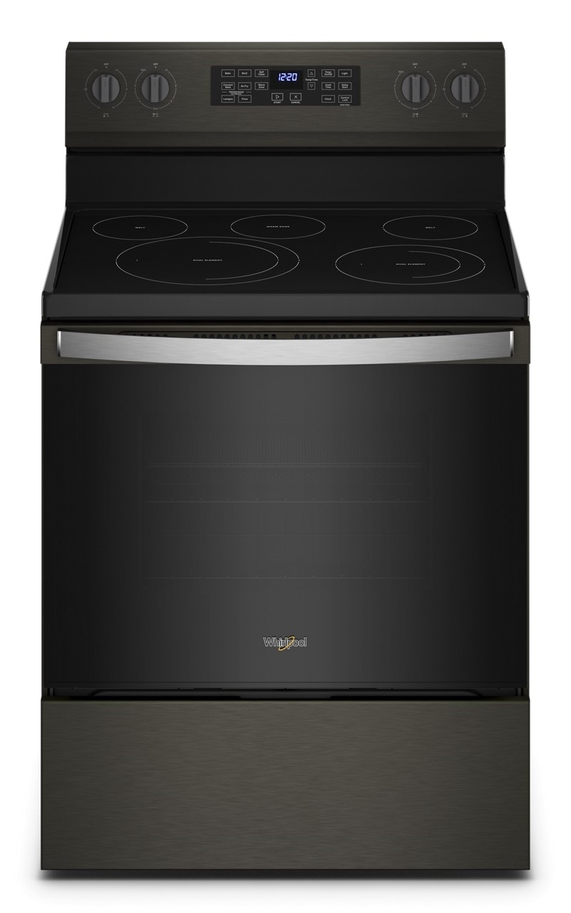 Estufa eléctrica independiente de vidrio con 5 quemadores y horno de convección de aire freidora de 5.3 pies cúbicos, color negro acero.