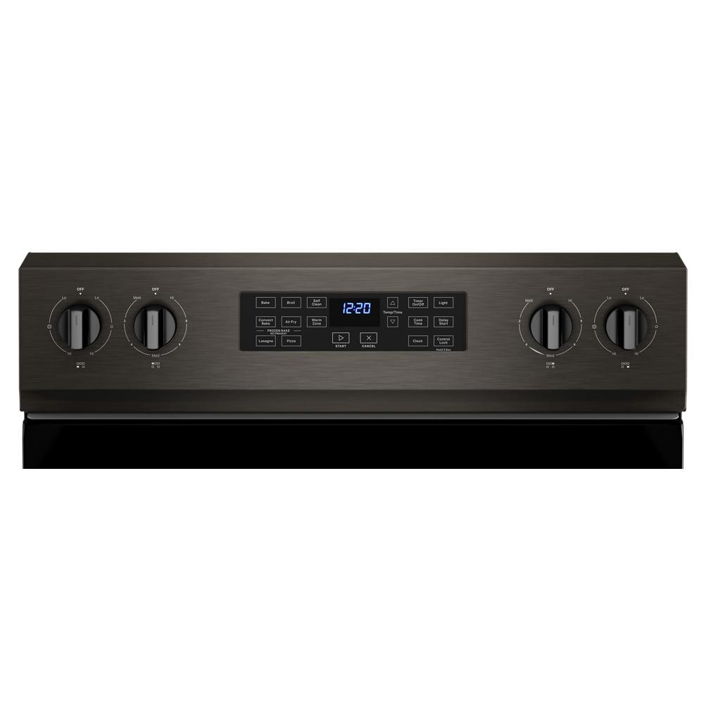 Estufa eléctrica independiente de vidrio con 5 quemadores y horno de convección de aire freidora de 5.3 pies cúbicos, color negro acero.