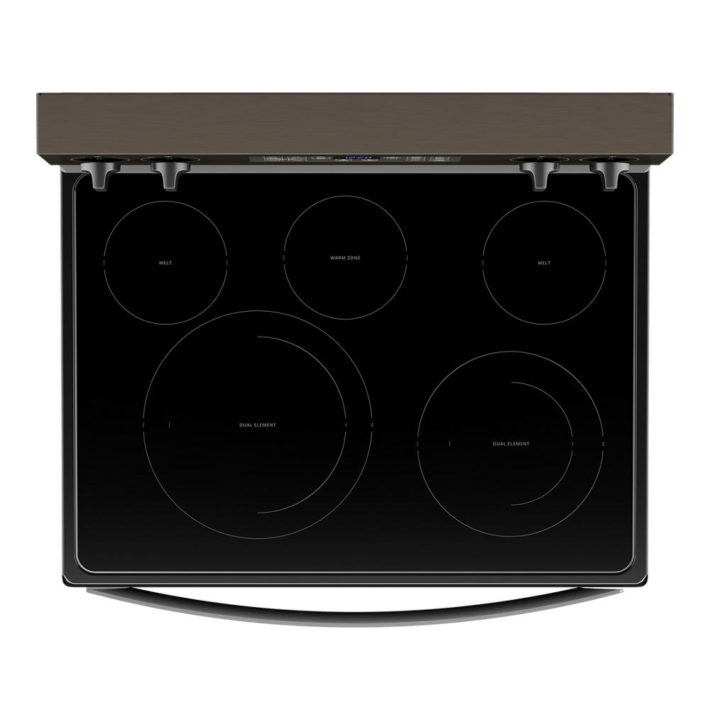 Estufa eléctrica independiente de vidrio con 5 quemadores y horno de convección de aire freidora de 5.3 pies cúbicos, color negro acero.