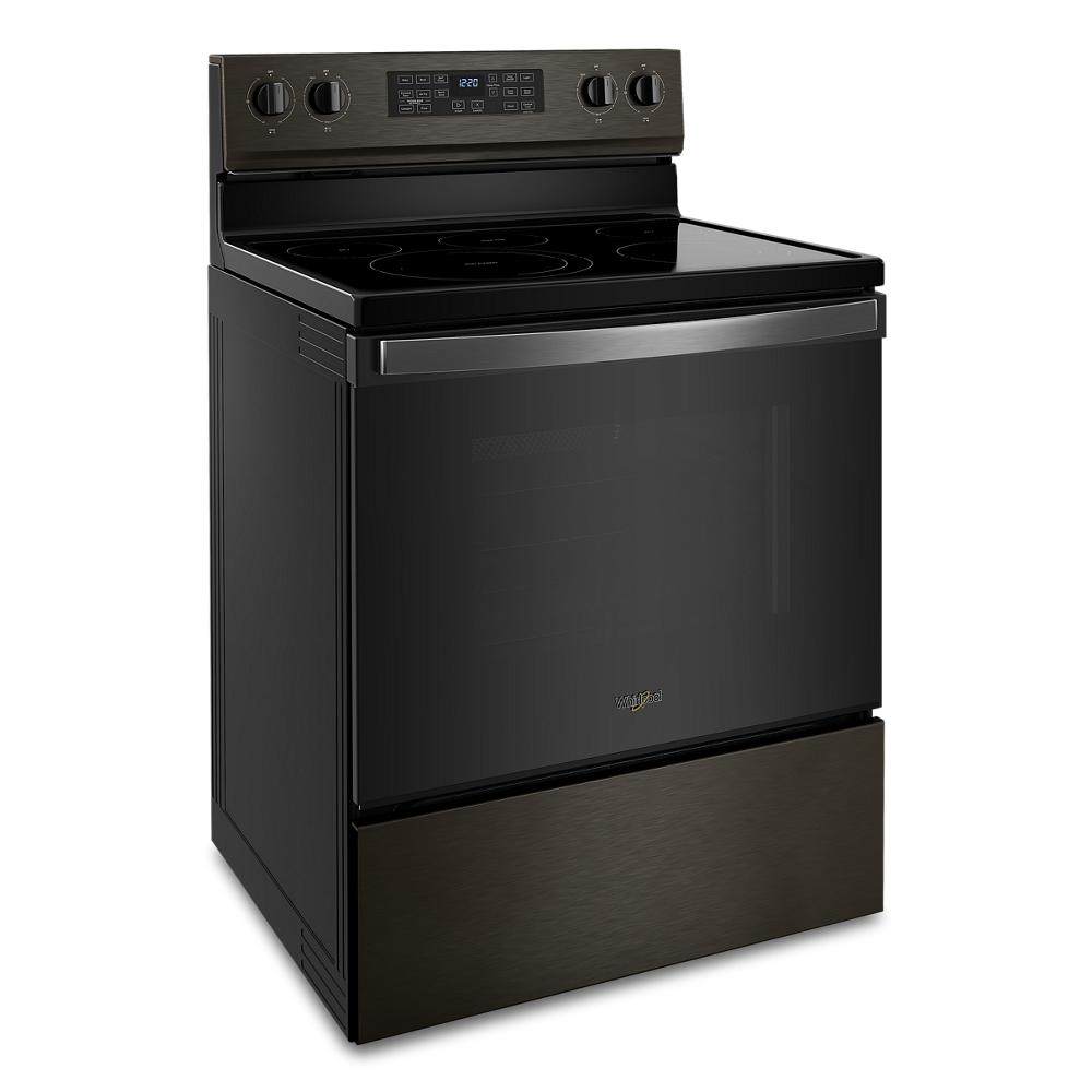 Estufa eléctrica independiente de vidrio con 5 quemadores y horno de convección de aire freidora de 5.3 pies cúbicos, color negro acero.