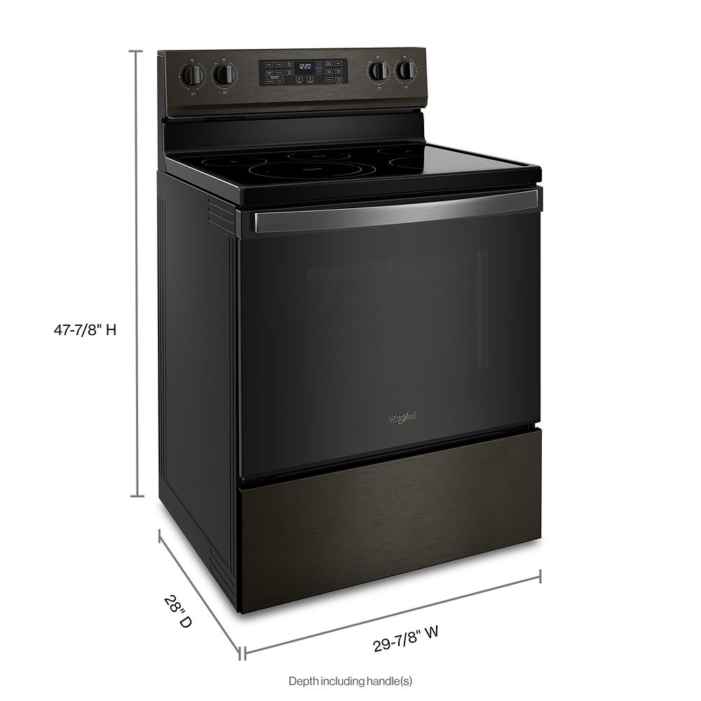 Estufa eléctrica independiente de vidrio con 5 quemadores y horno de convección de aire freidora de 5.3 pies cúbicos, color negro acero.