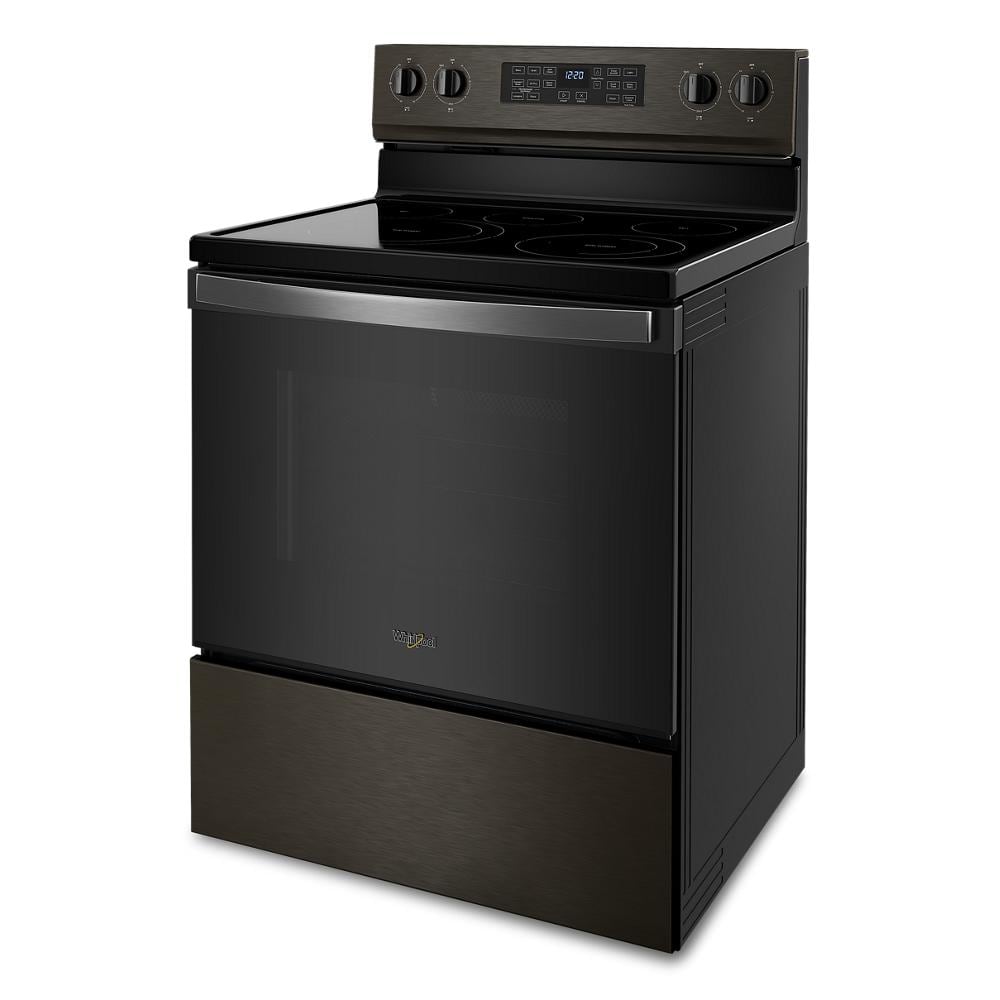 Estufa eléctrica independiente de vidrio con 5 quemadores y horno de convección de aire freidora de 5.3 pies cúbicos, color negro acero.