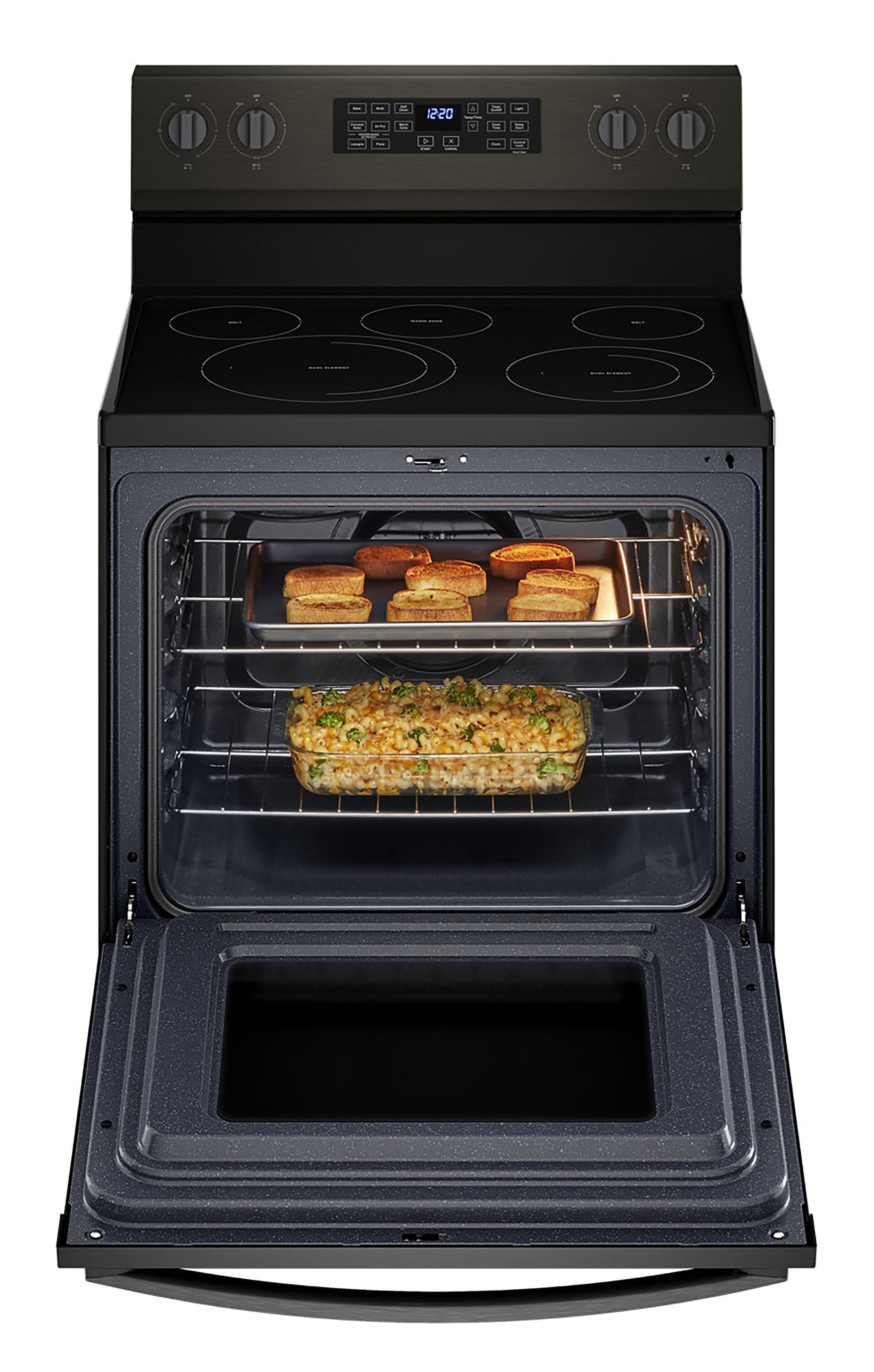 Estufa eléctrica independiente de vidrio con 5 quemadores y horno de convección de aire freidora de 5.3 pies cúbicos, color negro acero.