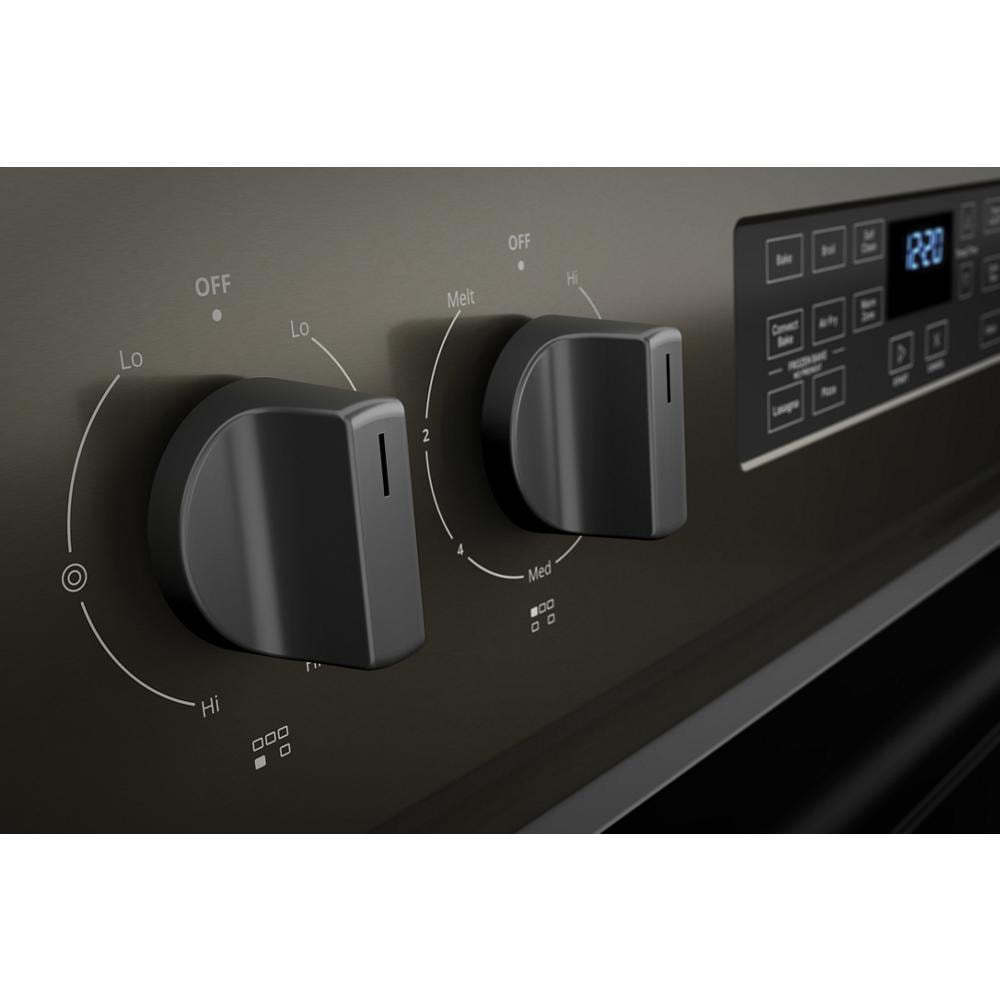 Estufa eléctrica independiente de vidrio con 5 quemadores y horno de convección de aire freidora de 5.3 pies cúbicos, color negro acero.