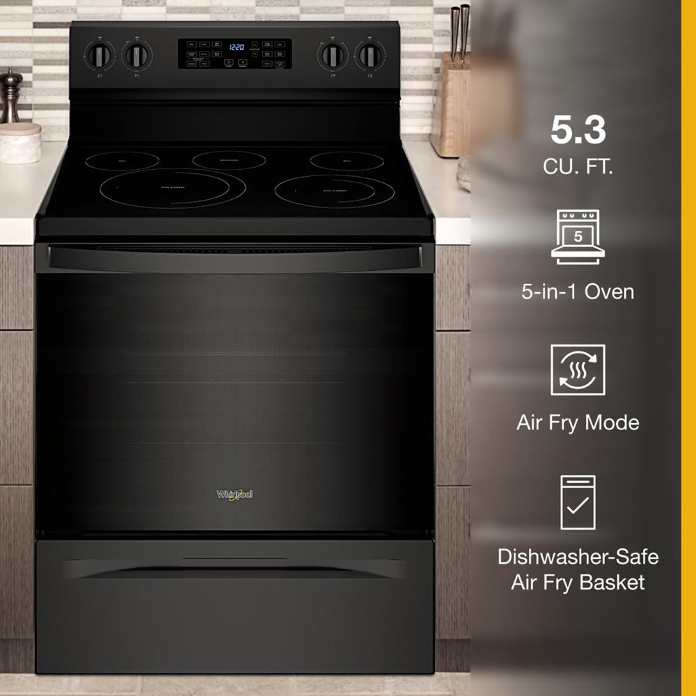 Estufa Eléctrica Independiente con Horno de Convección y Freidora de Aire de 5 Quemadores y 5.3 pies cúbicos de Whirlpool de 30 pulgadas con Cubierta de Vidrio (Negro) WFE550S0LB
