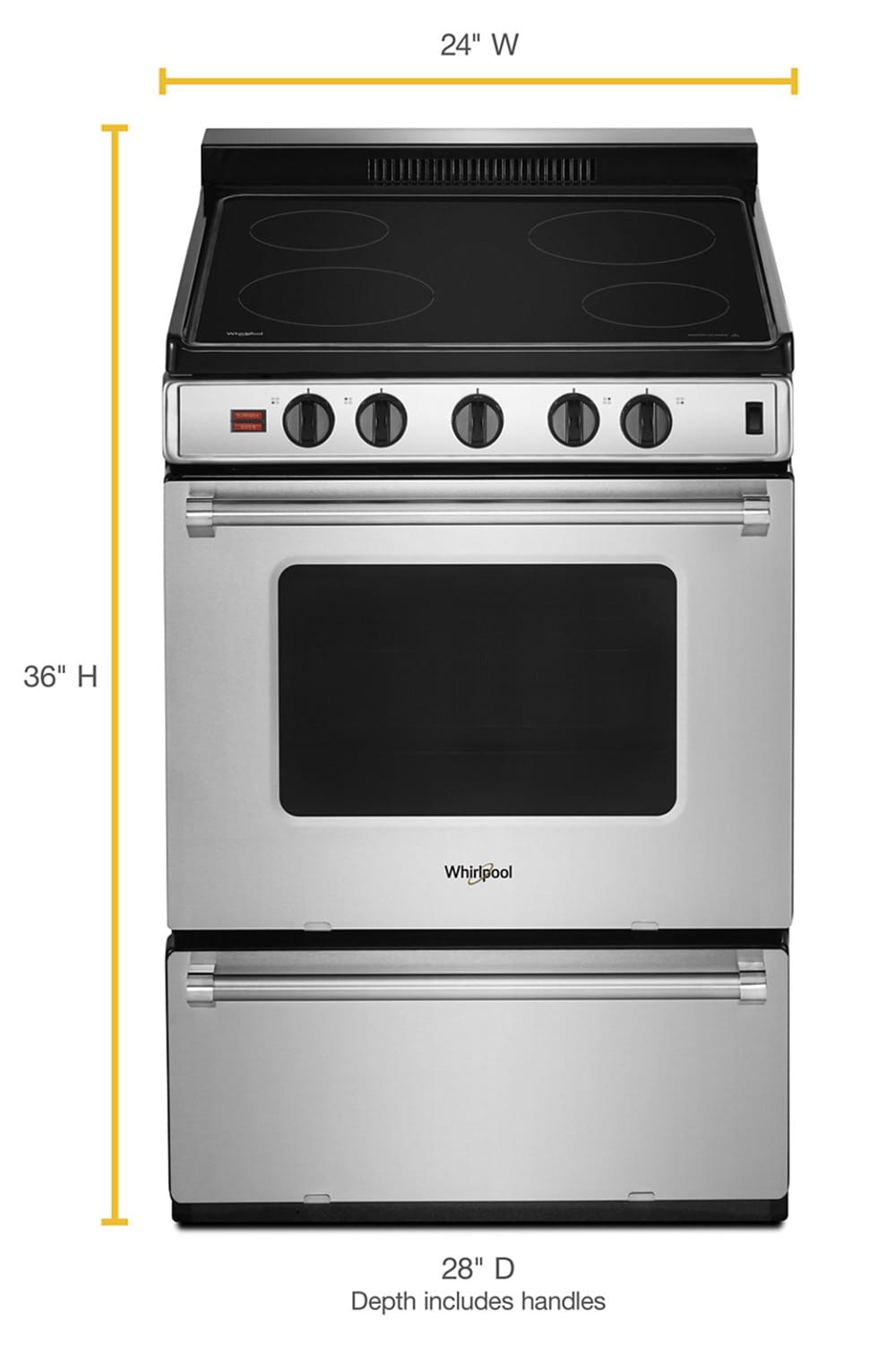 Estufa eléctrica independiente con 4 quemadores y cubierta de vidrio de 24 pulgadas de Whirlpool (Acero inoxidable) - Capac. 2.96 pies cúbicos