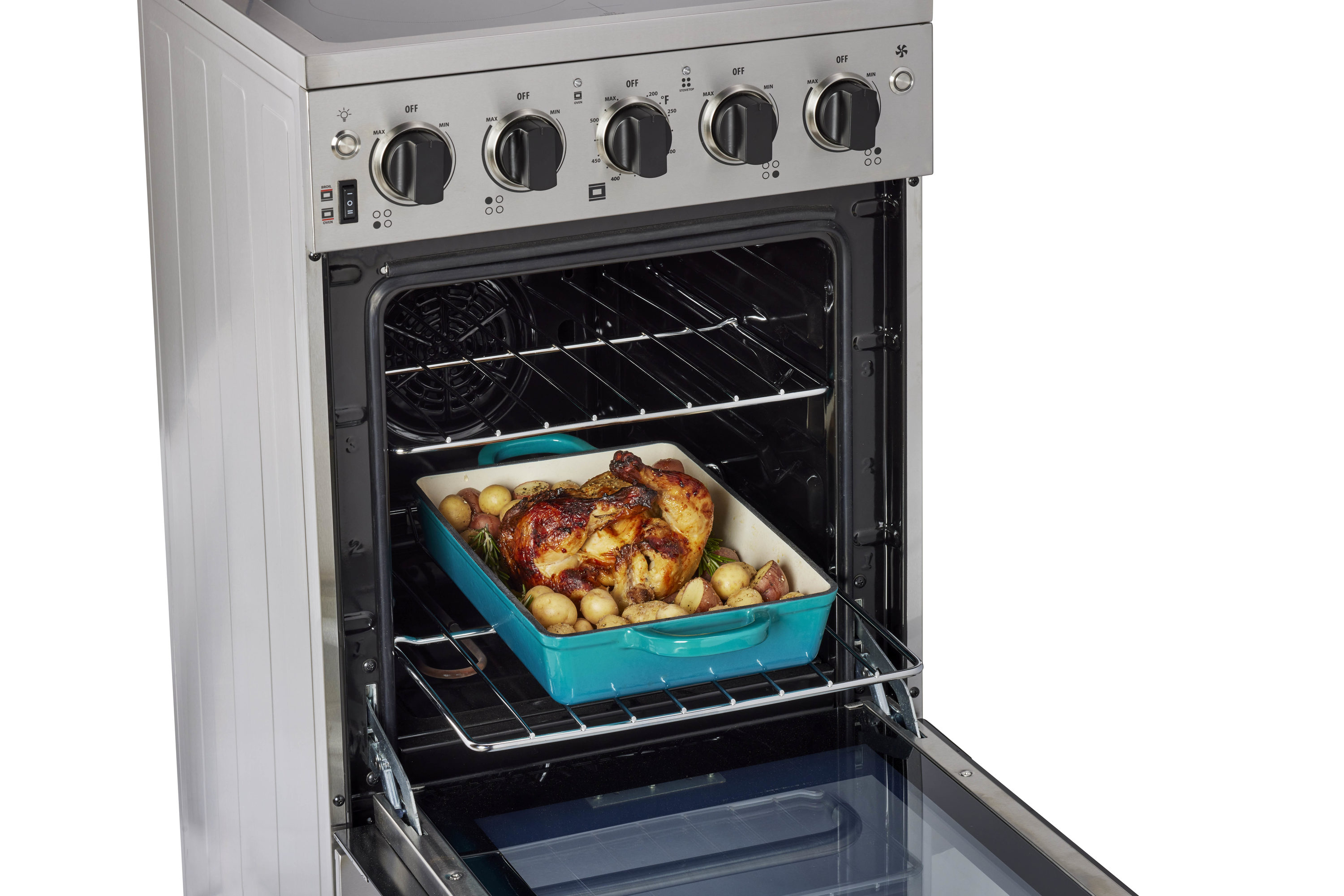Estufa Eléctrica Independiente con Horno de Convección de 1.6 pies cúbicos y 4 quemadores de 20 pulgadas con Cubierta de Vidrio y Revestimiento WipeClean (Acero Inoxidable) - Modelo Prestige Único Prestigio UGP-20V EC1 S/S