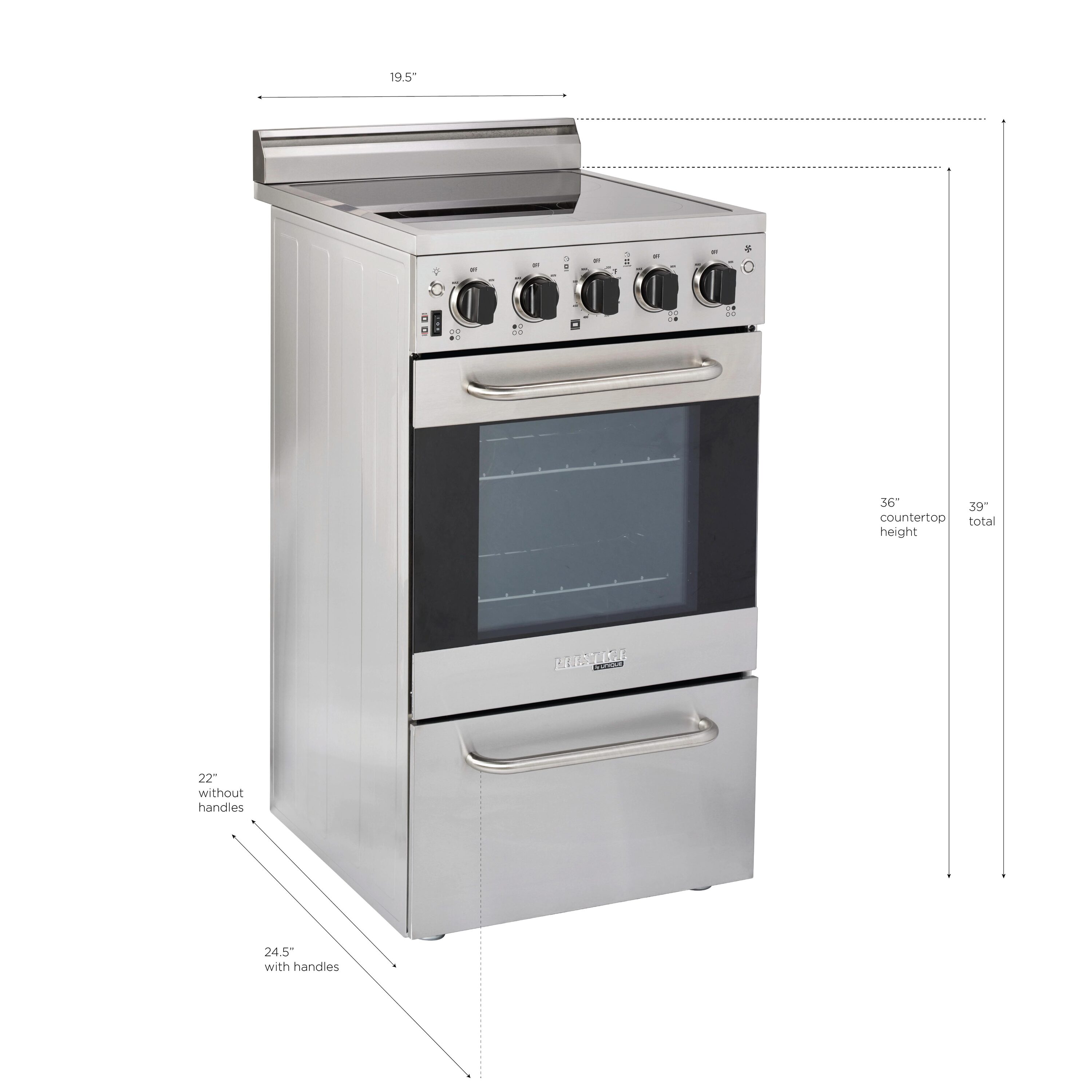 Estufa Eléctrica Independiente con Horno de Convección de 1.6 pies cúbicos y 4 quemadores de 20 pulgadas con Cubierta de Vidrio y Revestimiento WipeClean (Acero Inoxidable) - Modelo Prestige Único Prestigio UGP-20V EC1 S/S