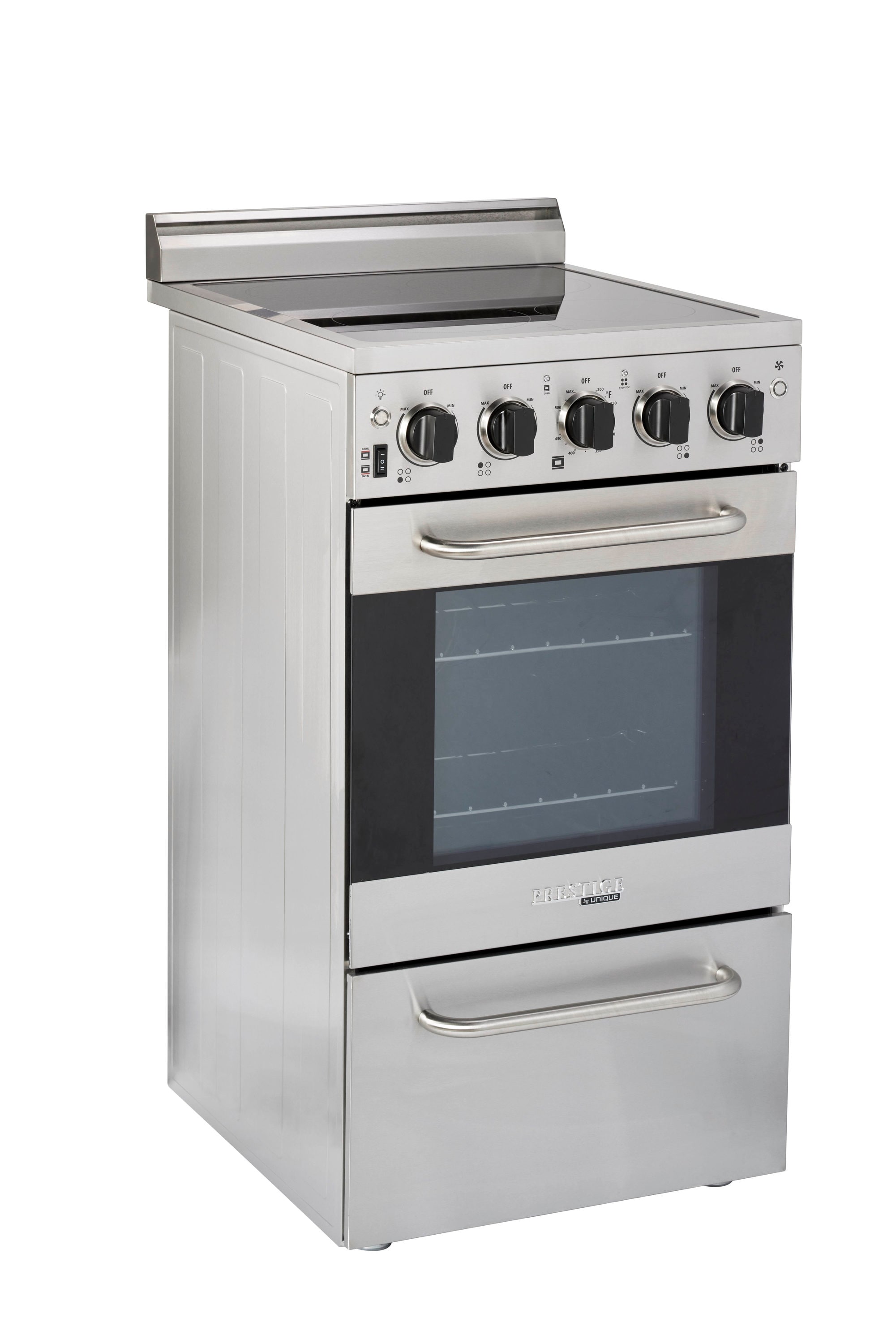 Estufa Eléctrica Independiente con Horno de Convección de 1.6 pies cúbicos y 4 quemadores de 20 pulgadas con Cubierta de Vidrio y Revestimiento WipeClean (Acero Inoxidable) - Modelo Prestige Único Prestigio UGP-20V EC1 S/S