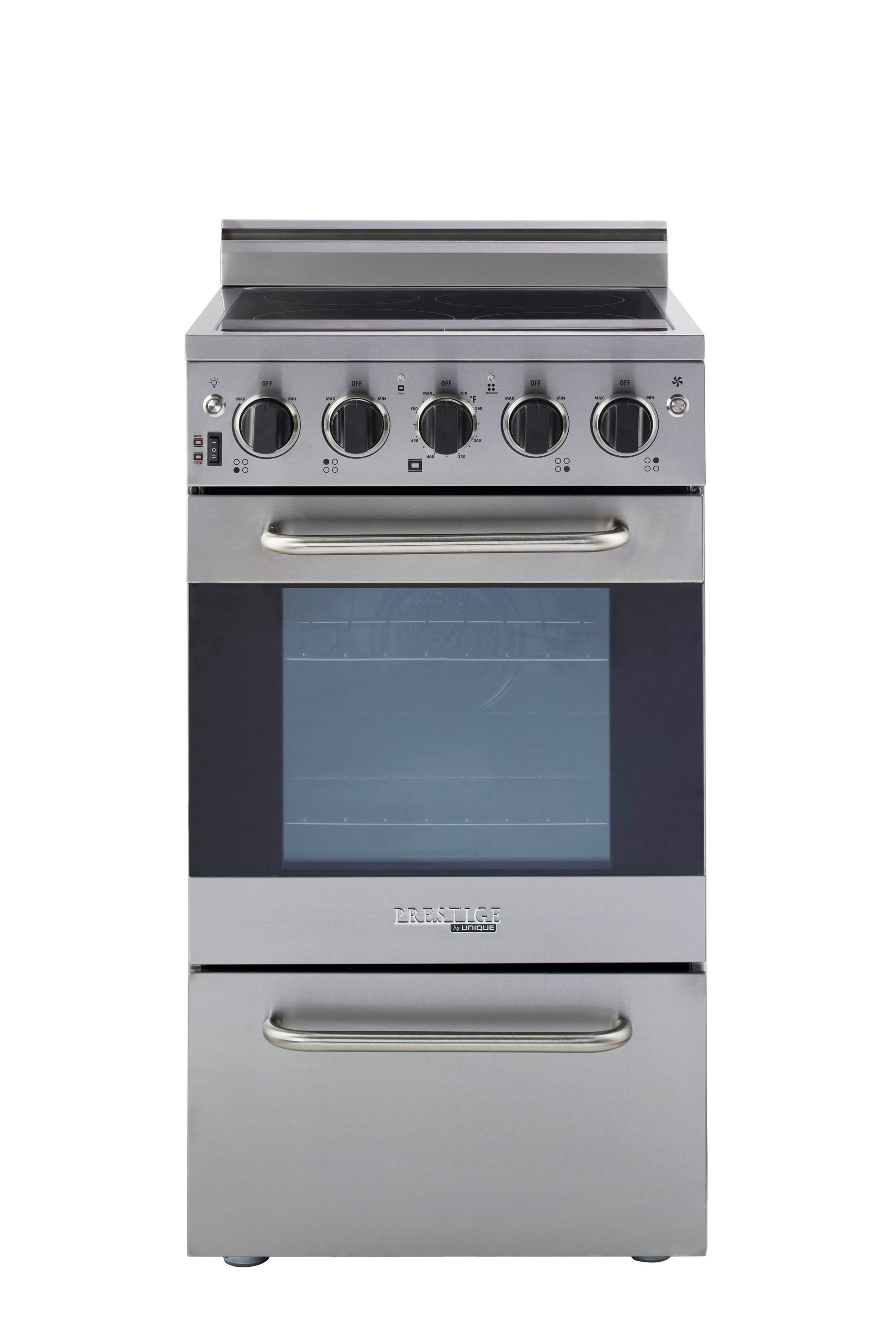 Estufa Eléctrica Independiente con Horno de Convección de 1.6 pies cúbicos y 4 quemadores de 20 pulgadas con Cubierta de Vidrio y Revestimiento WipeClean (Acero Inoxidable) - Modelo Prestige Único Prestigio UGP-20V EC1 S/S