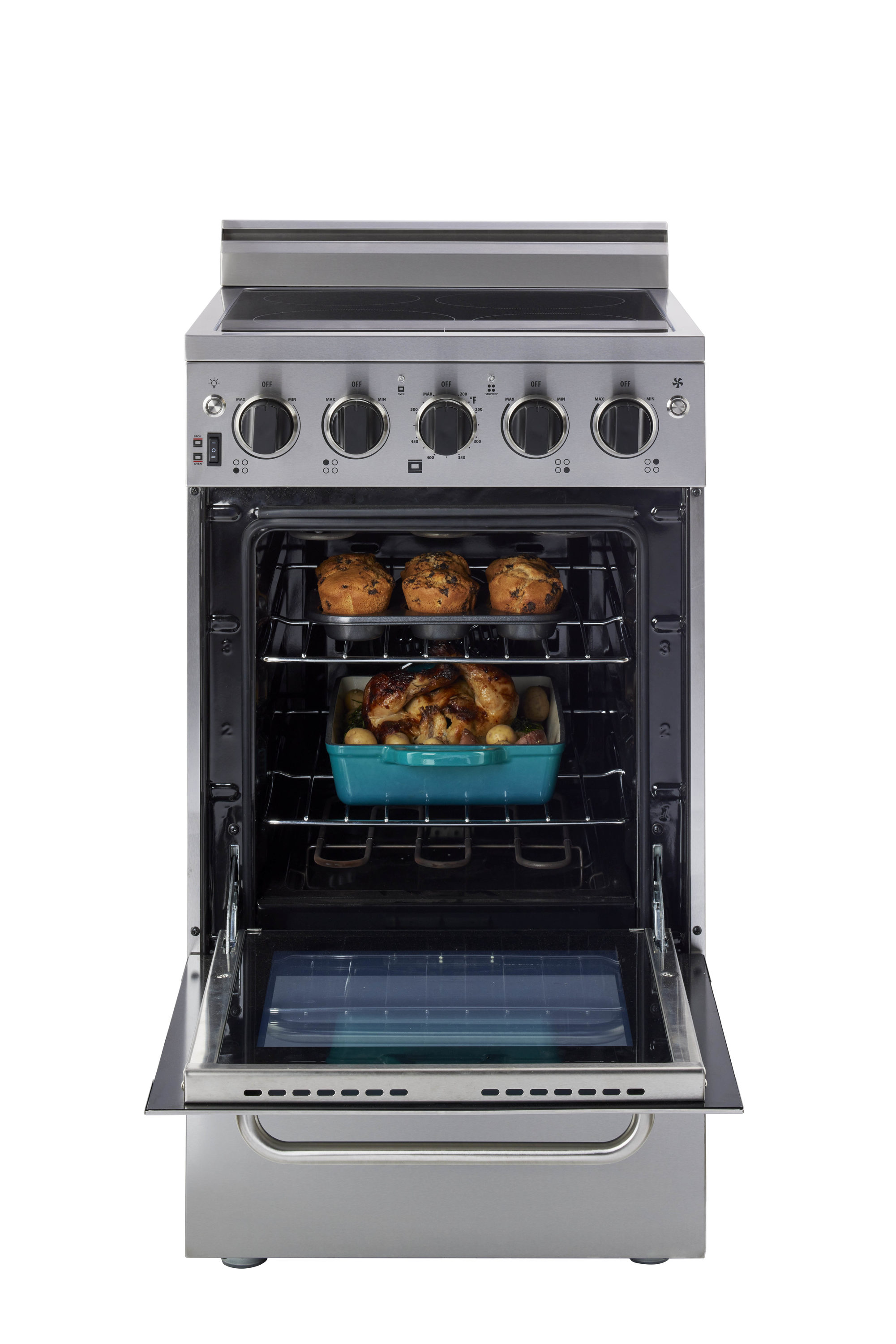 Estufa Eléctrica Independiente con Horno de Convección de 1.6 pies cúbicos y 4 quemadores de 20 pulgadas con Cubierta de Vidrio y Revestimiento WipeClean (Acero Inoxidable) - Modelo Prestige Único Prestigio UGP-20V EC1 S/S