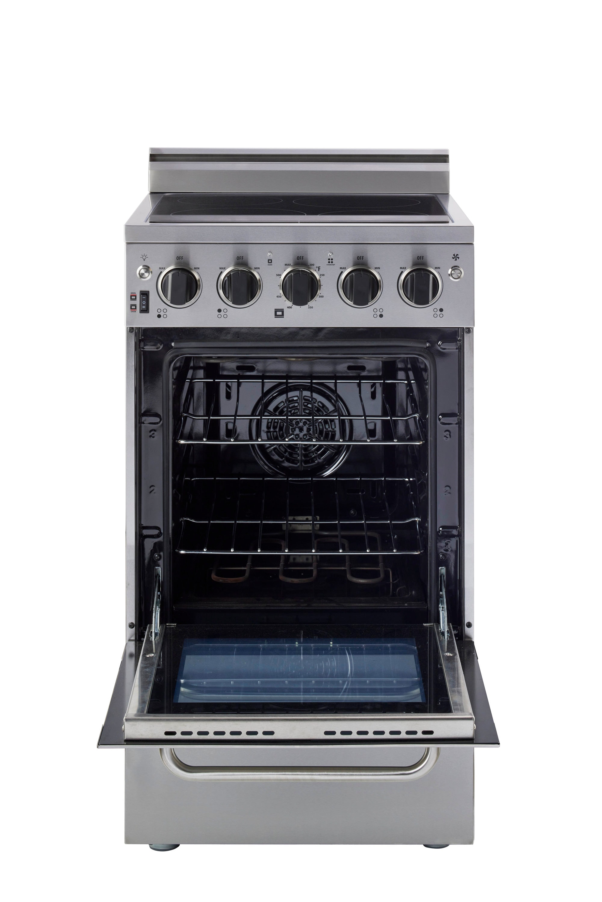Estufa Eléctrica Independiente con Horno de Convección de 1.6 pies cúbicos y 4 quemadores de 20 pulgadas con Cubierta de Vidrio y Revestimiento WipeClean (Acero Inoxidable) - Modelo Prestige Único Prestigio UGP-20V EC1 S/S