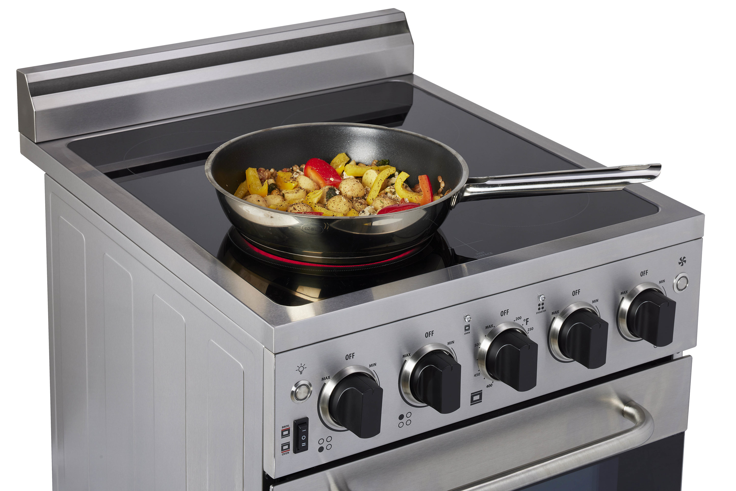 Estufa Eléctrica Independiente con Horno de Convección de 1.6 pies cúbicos y 4 quemadores de 20 pulgadas con Cubierta de Vidrio y Revestimiento WipeClean (Acero Inoxidable) - Modelo Prestige Único Prestigio UGP-20V EC1 S/S