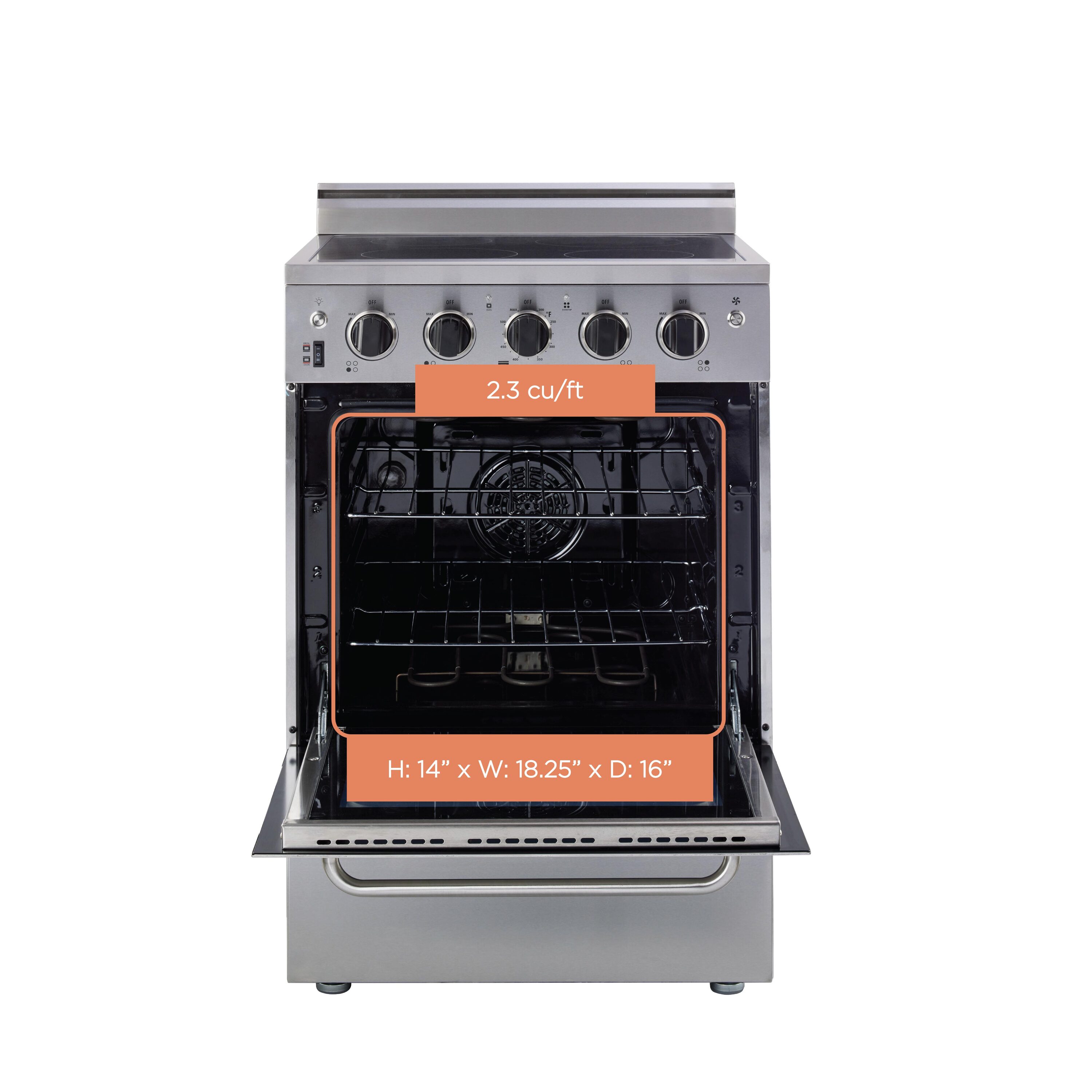 Estufa Eléctrica Independiente de 4 quemadores con horno de convección de 2.3 pies cúbicos y cubierta de vidrio de 24 pulgadas con recubrimiento WipeClean (Acero Inoxidable) de Prestige Único.