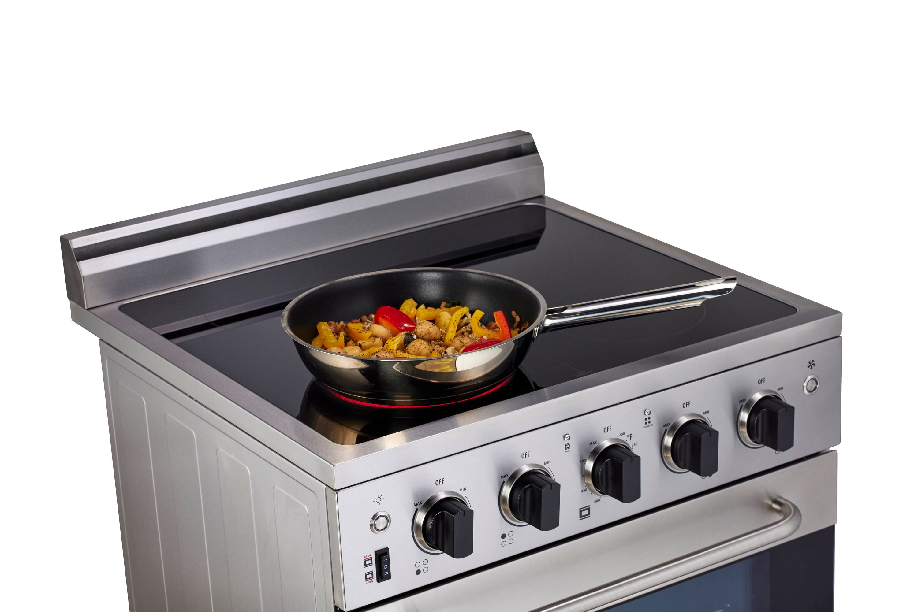 Estufa Eléctrica Independiente de 4 quemadores con horno de convección de 2.3 pies cúbicos y cubierta de vidrio de 24 pulgadas con recubrimiento WipeClean (Acero Inoxidable) de Prestige Único.