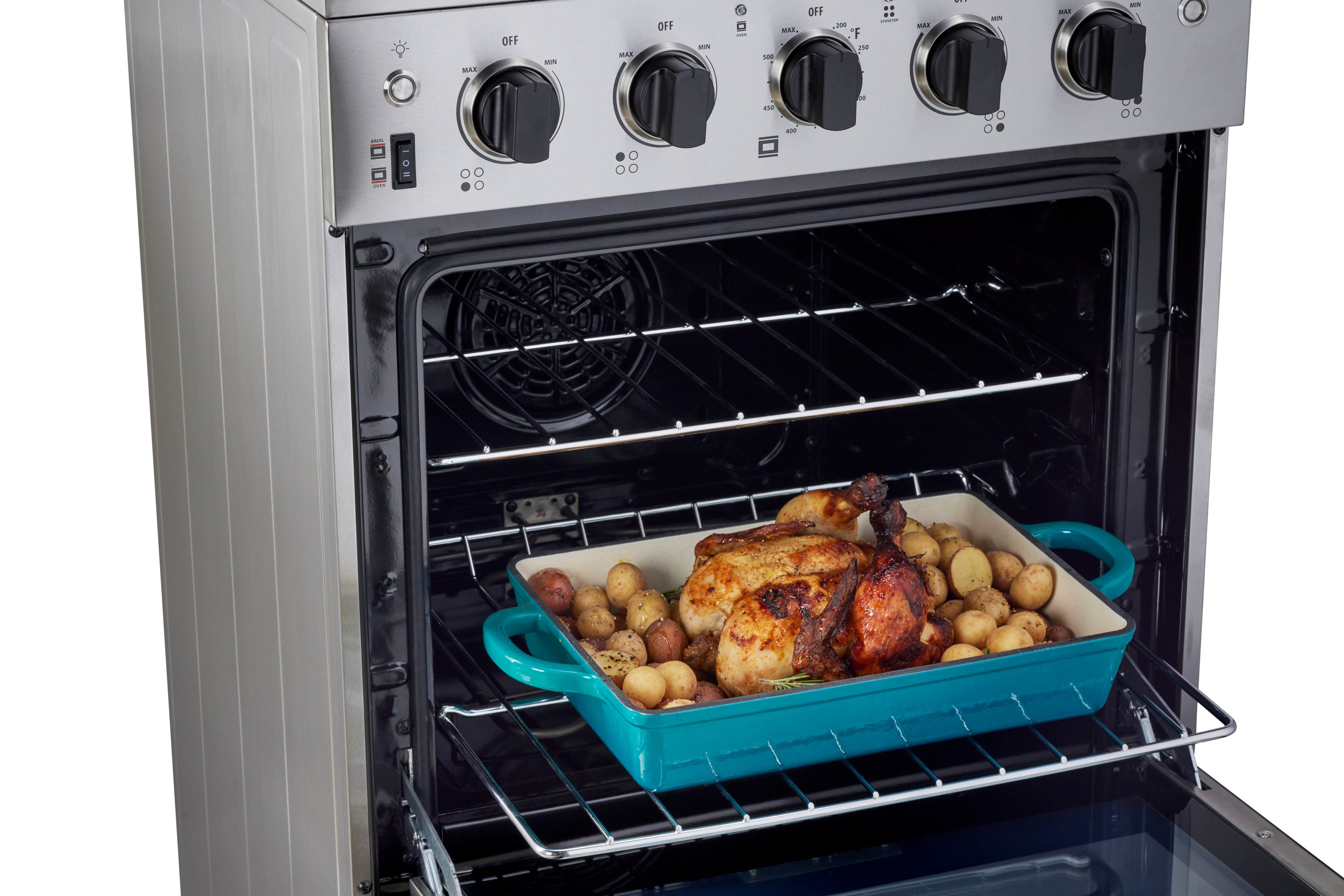 Estufa Eléctrica Independiente de 4 quemadores con horno de convección de 2.3 pies cúbicos y cubierta de vidrio de 24 pulgadas con recubrimiento WipeClean (Acero Inoxidable) de Prestige Único.