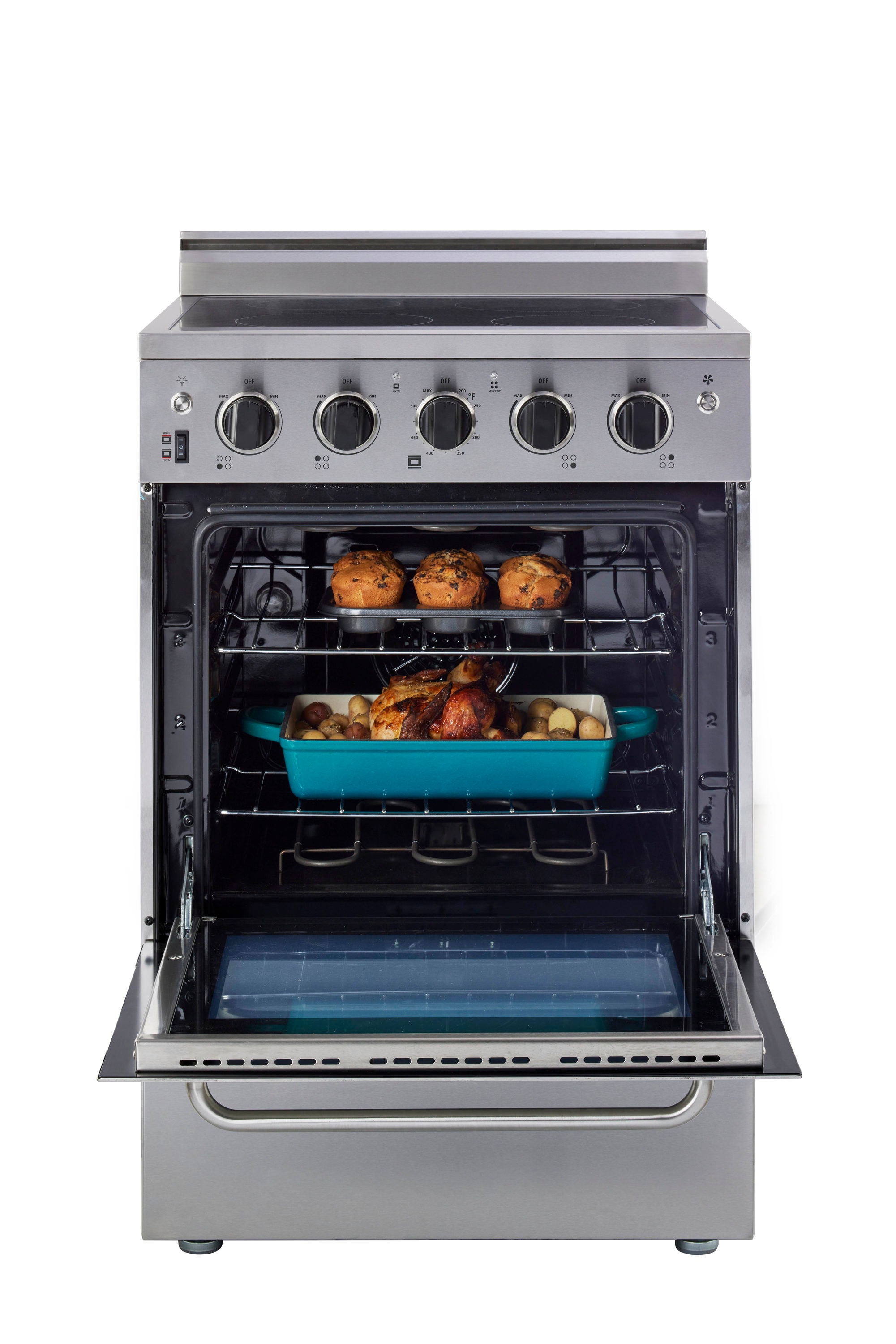 Estufa Eléctrica Independiente de 4 quemadores con horno de convección de 2.3 pies cúbicos y cubierta de vidrio de 24 pulgadas con recubrimiento WipeClean (Acero Inoxidable) de Prestige Único.