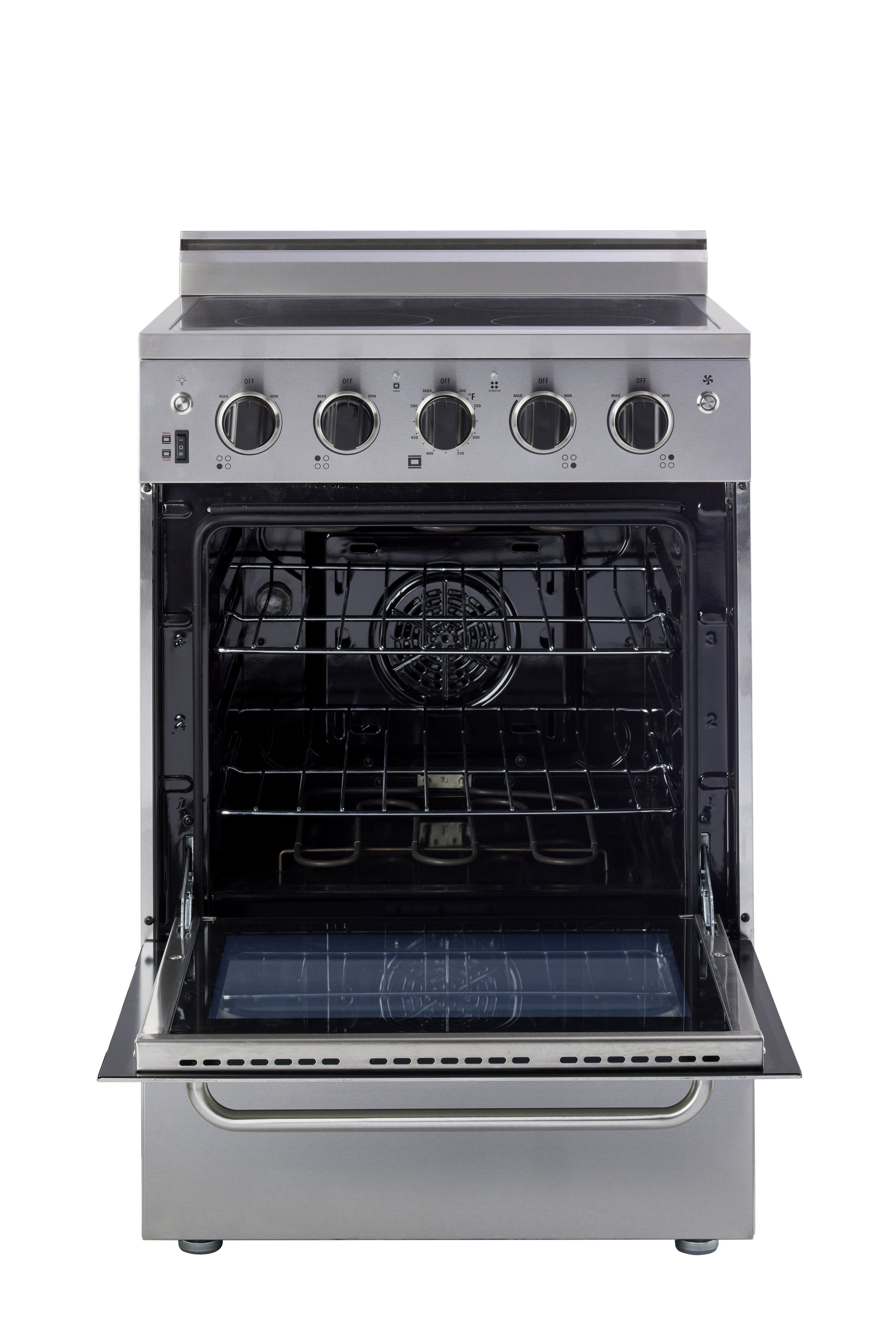 Estufa Eléctrica Independiente de 4 quemadores con horno de convección de 2.3 pies cúbicos y cubierta de vidrio de 24 pulgadas con recubrimiento WipeClean (Acero Inoxidable) de Prestige Único.