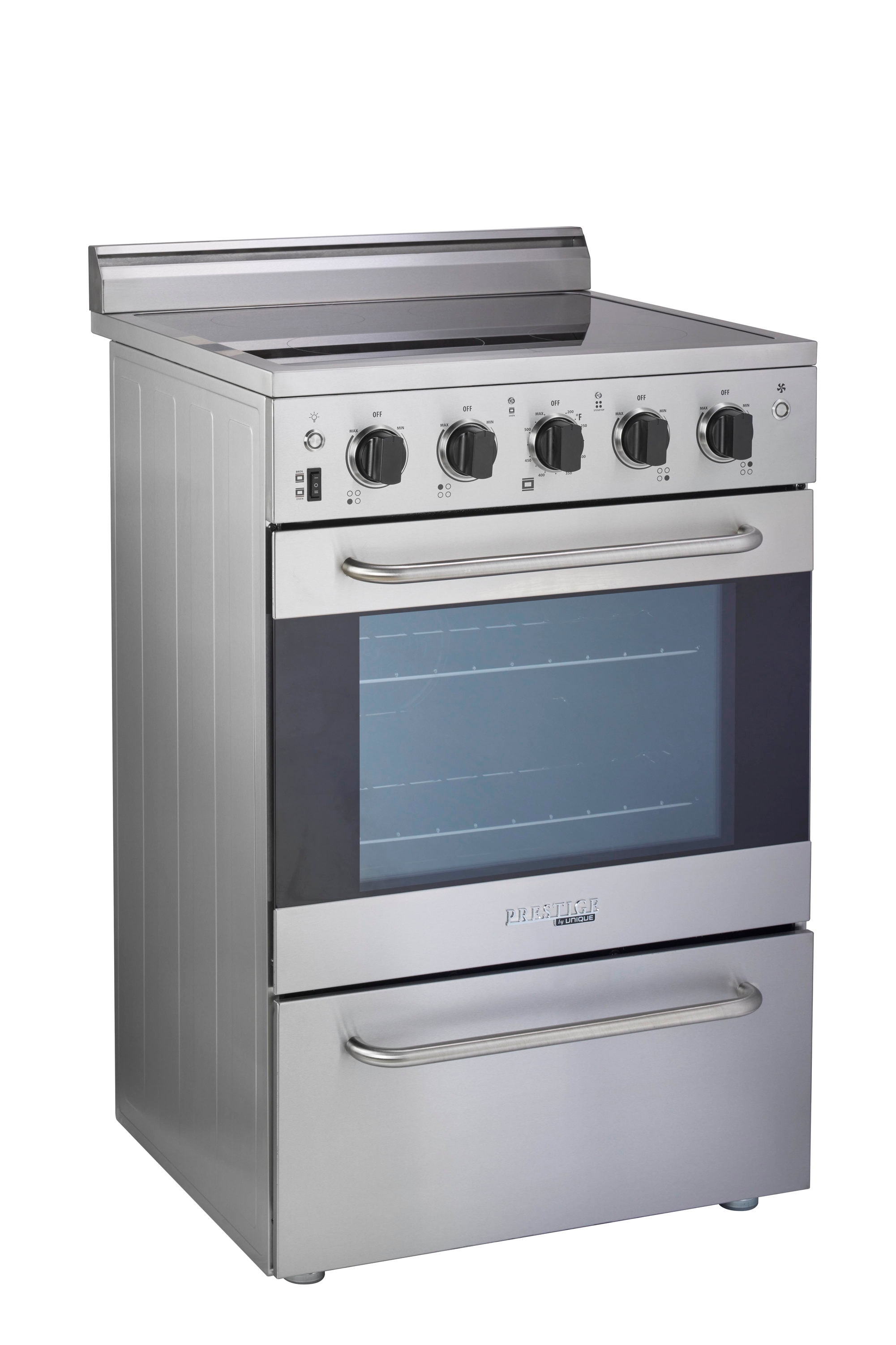 Estufa Eléctrica Independiente de 4 quemadores con horno de convección de 2.3 pies cúbicos y cubierta de vidrio de 24 pulgadas con recubrimiento WipeClean (Acero Inoxidable) de Prestige Único.