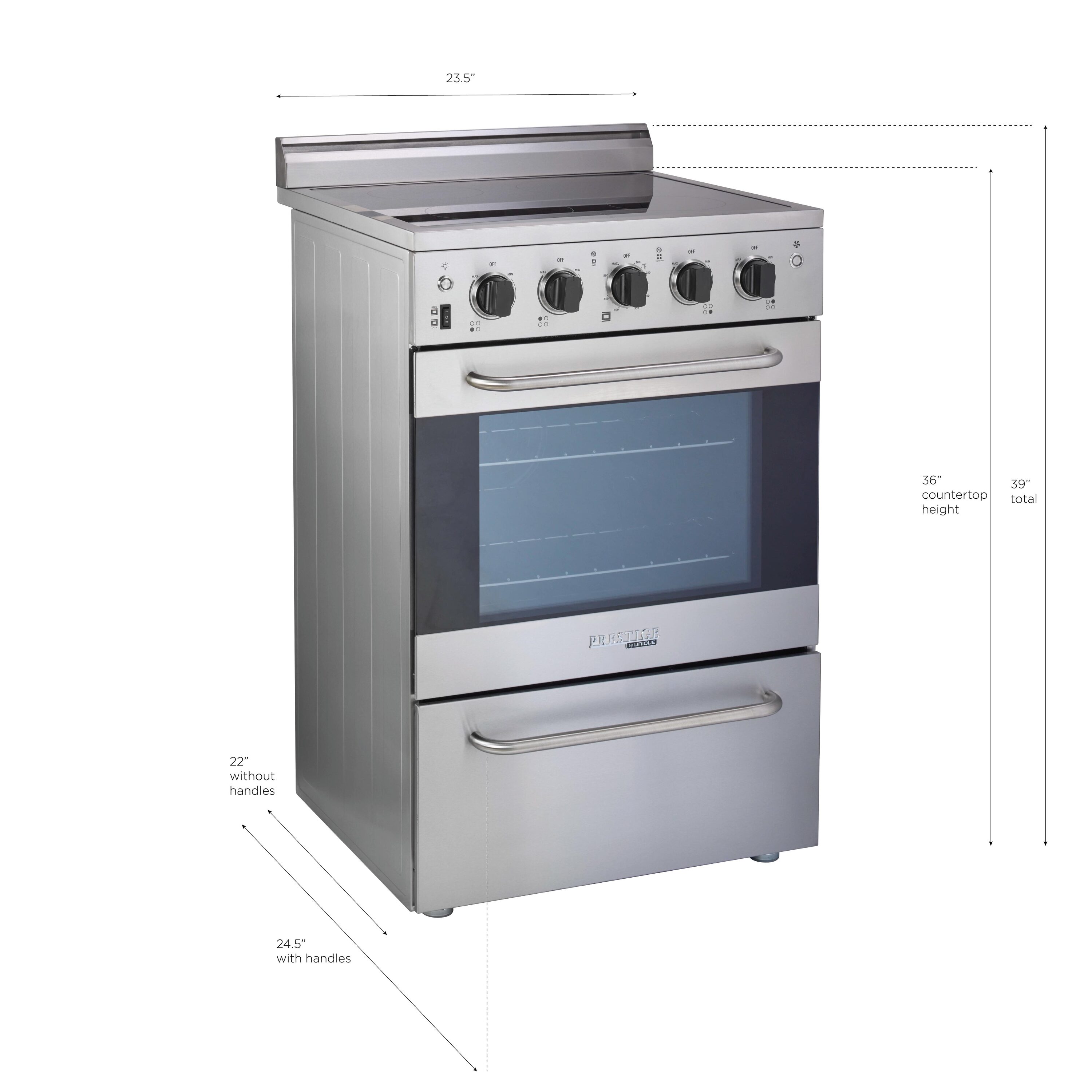Estufa Eléctrica Independiente de 4 quemadores con horno de convección de 2.3 pies cúbicos y cubierta de vidrio de 24 pulgadas con recubrimiento WipeClean (Acero Inoxidable) de Prestige Único.
