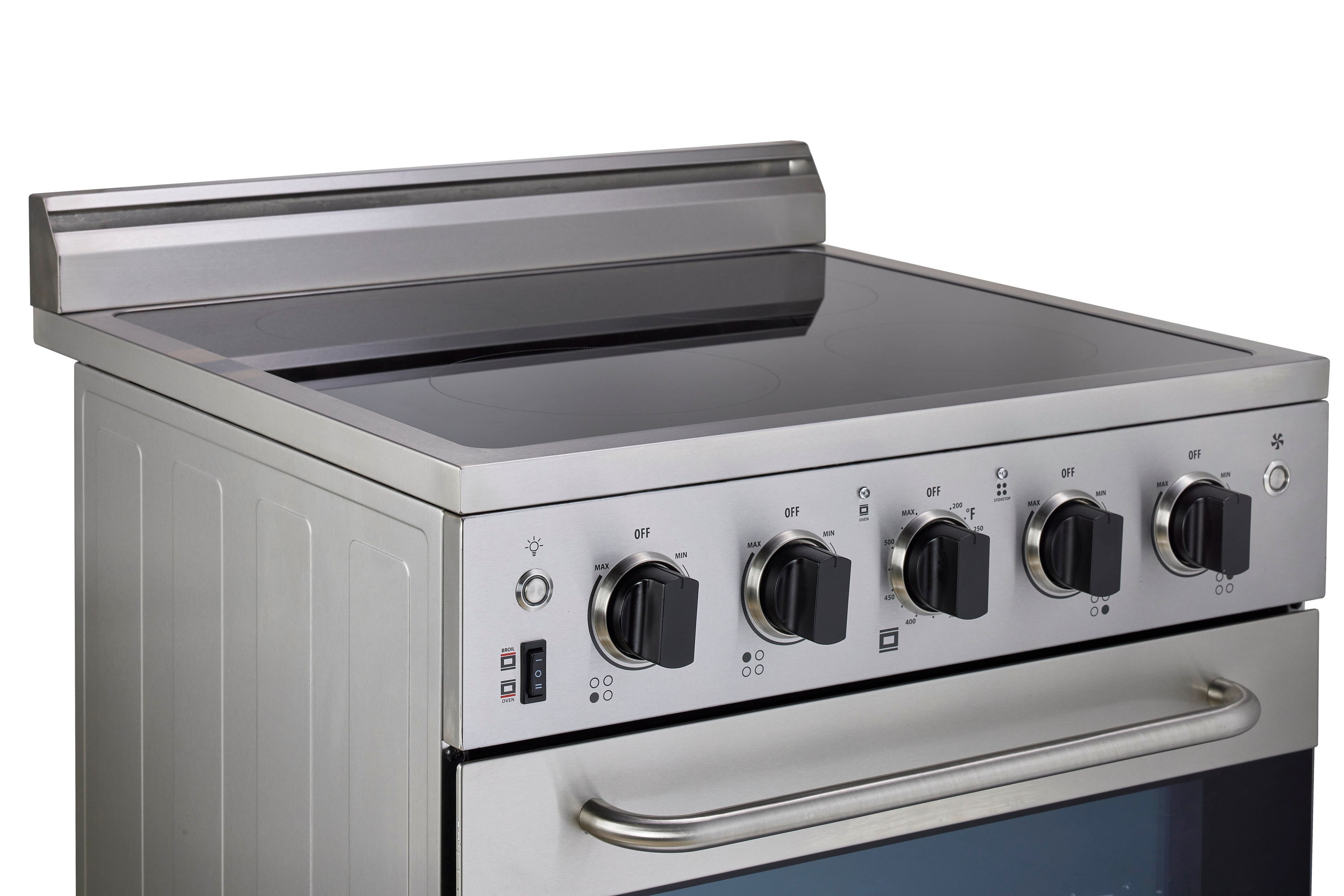 Estufa Eléctrica Independiente de 4 quemadores con horno de convección de 2.3 pies cúbicos y cubierta de vidrio de 24 pulgadas con recubrimiento WipeClean (Acero Inoxidable) de Prestige Único.
