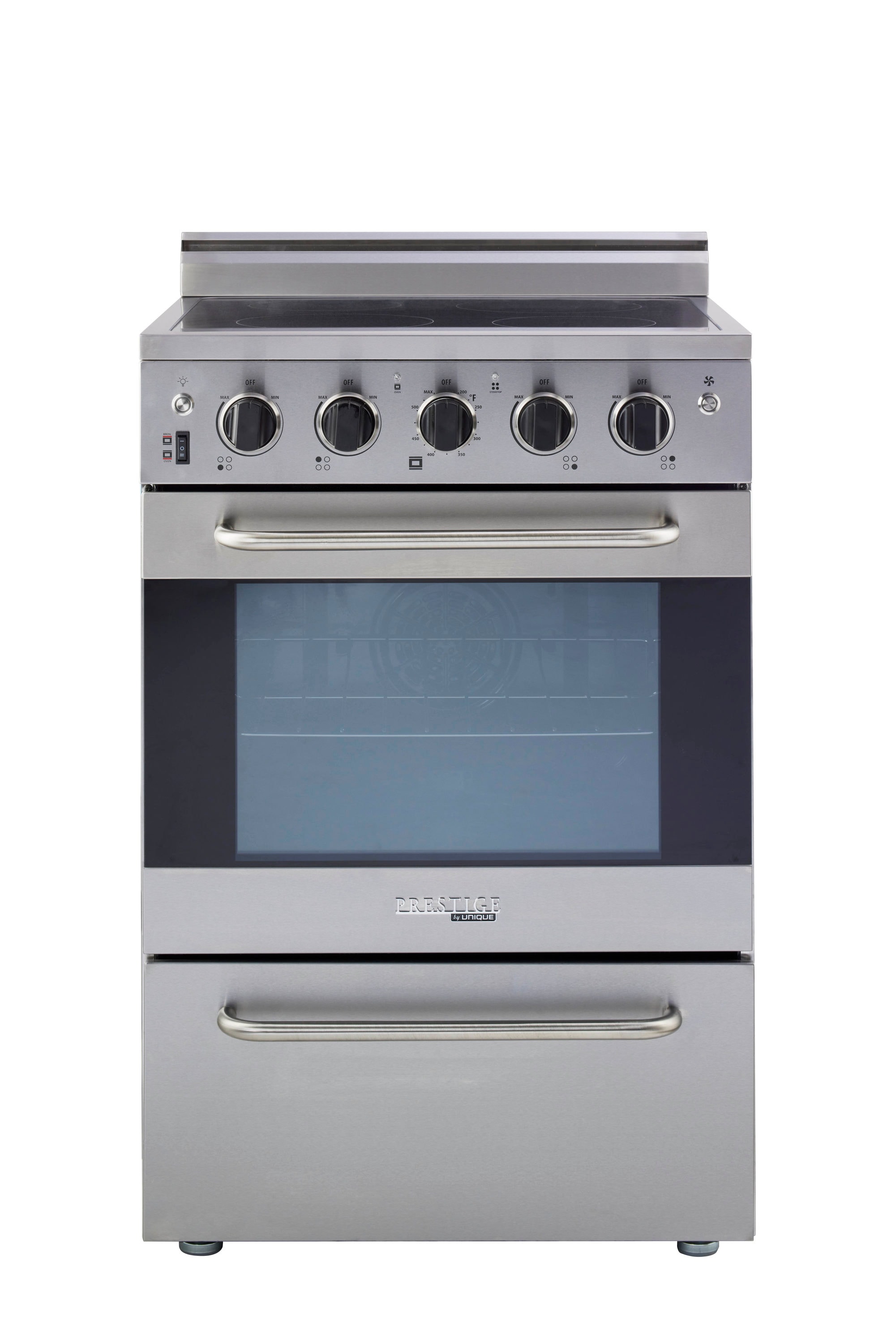 Estufa Eléctrica Independiente de 4 quemadores con horno de convección de 2.3 pies cúbicos y cubierta de vidrio de 24 pulgadas con recubrimiento WipeClean (Acero Inoxidable) de Prestige Único.