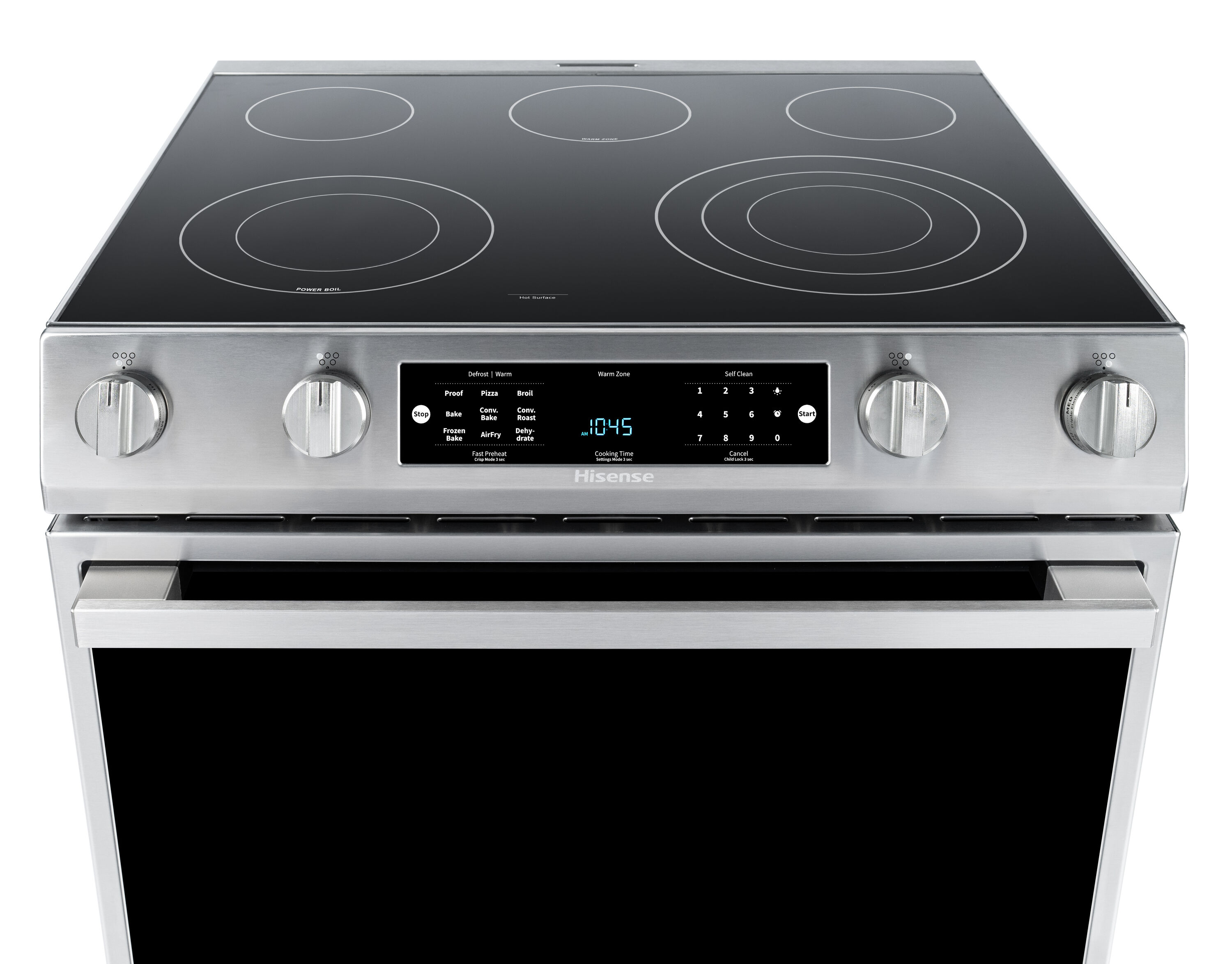 Estufa eléctrica deslizable con horno de convección y freidora de aire de 5.8 pies cúbicos, 5 quemadores y tapa de cristal de 30 pulgadas de acero inoxidable.