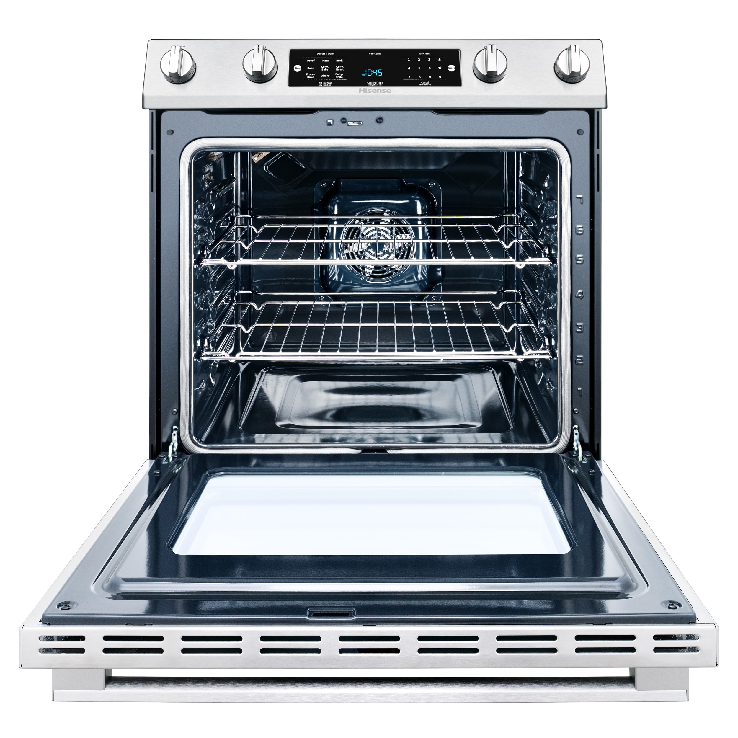 Estufa eléctrica deslizable con horno de convección y freidora de aire de 5.8 pies cúbicos, 5 quemadores y tapa de cristal de 30 pulgadas de acero inoxidable.