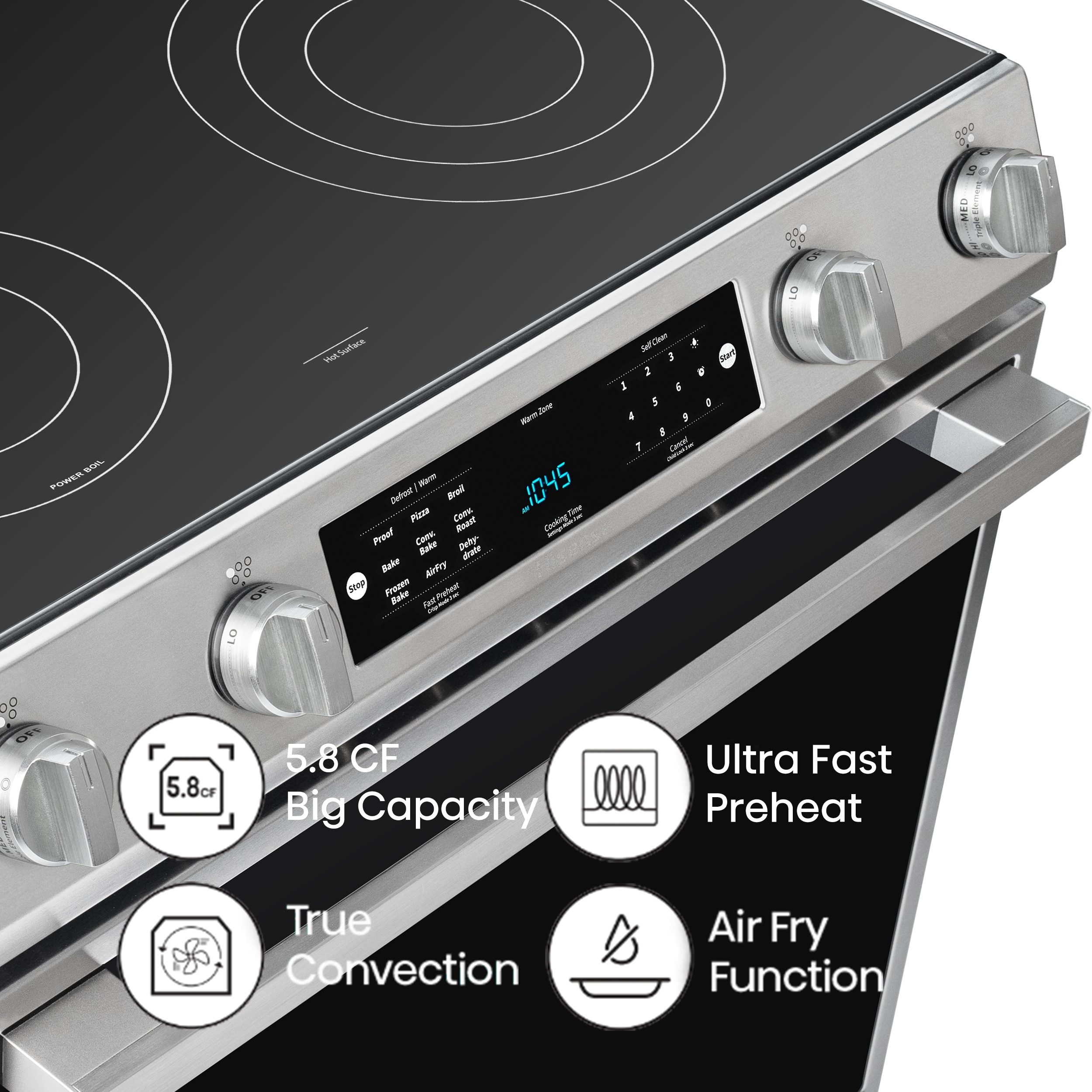 Estufa eléctrica deslizable con horno de convección y freidora de aire de 5.8 pies cúbicos, 5 quemadores y tapa de cristal de 30 pulgadas de acero inoxidable.