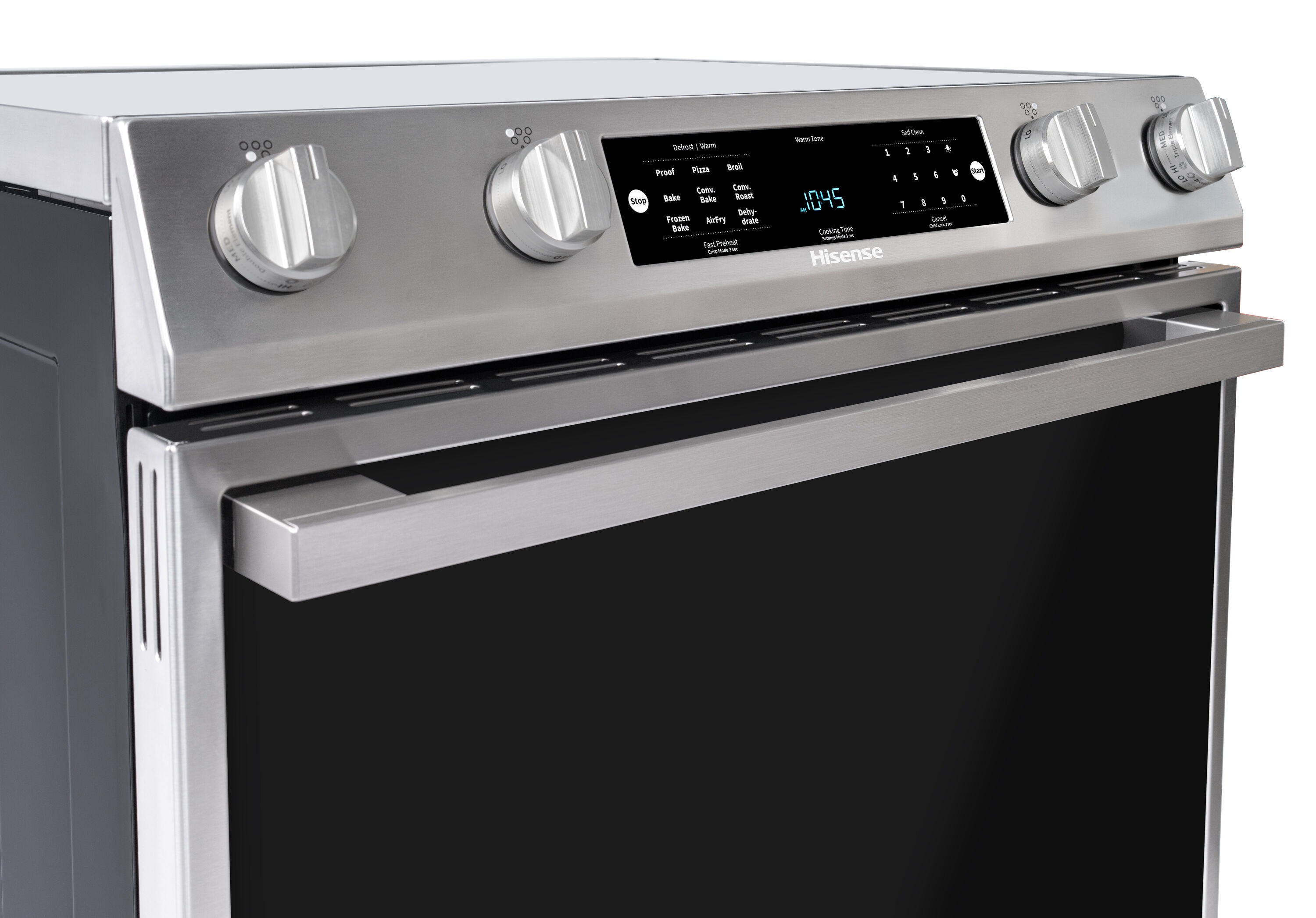 Estufa eléctrica deslizable con horno de convección y freidora de aire de 5.8 pies cúbicos, 5 quemadores y tapa de cristal de 30 pulgadas de acero inoxidable.