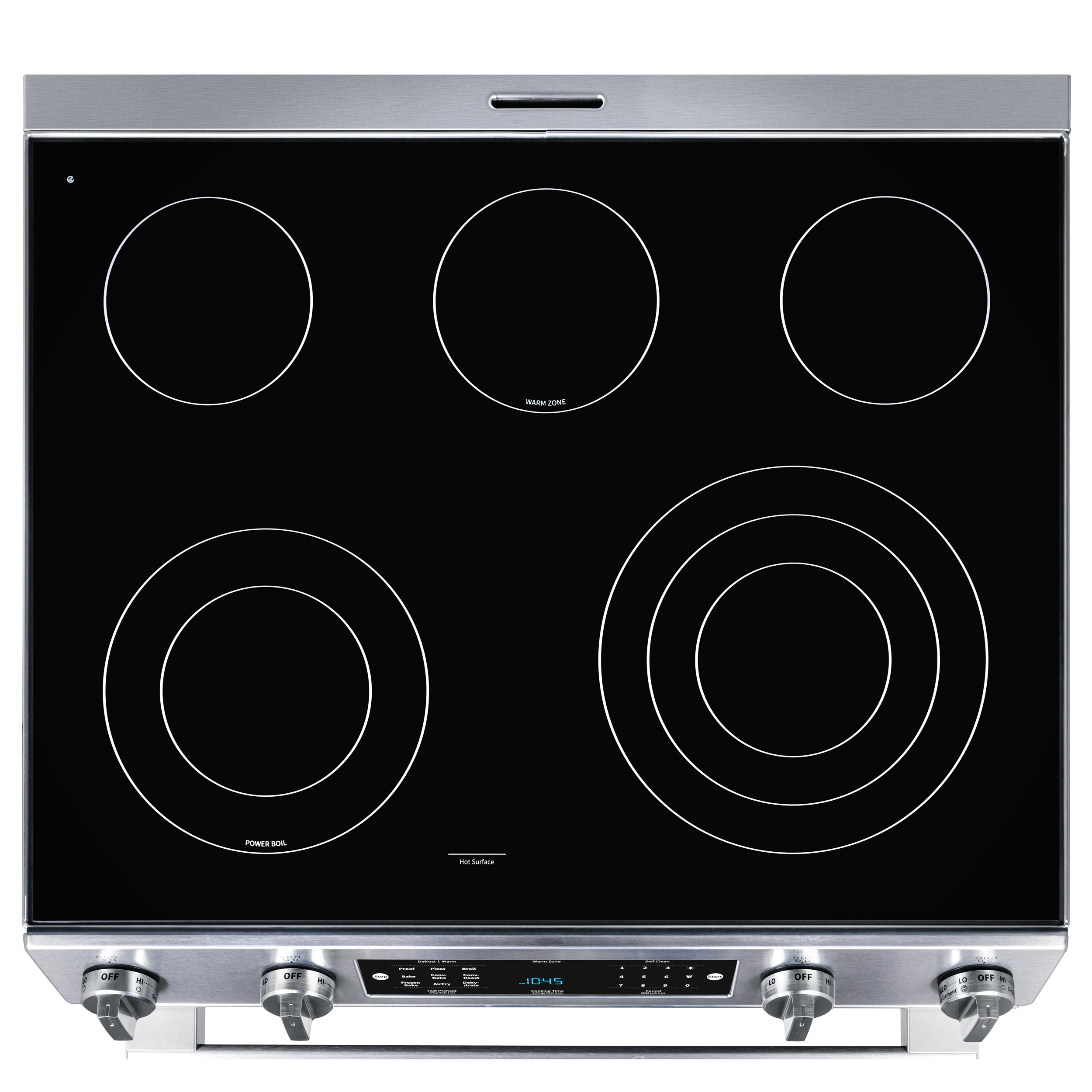 Estufa eléctrica deslizable con horno de convección y freidora de aire de 5.8 pies cúbicos, 5 quemadores y tapa de cristal de 30 pulgadas de acero inoxidable.