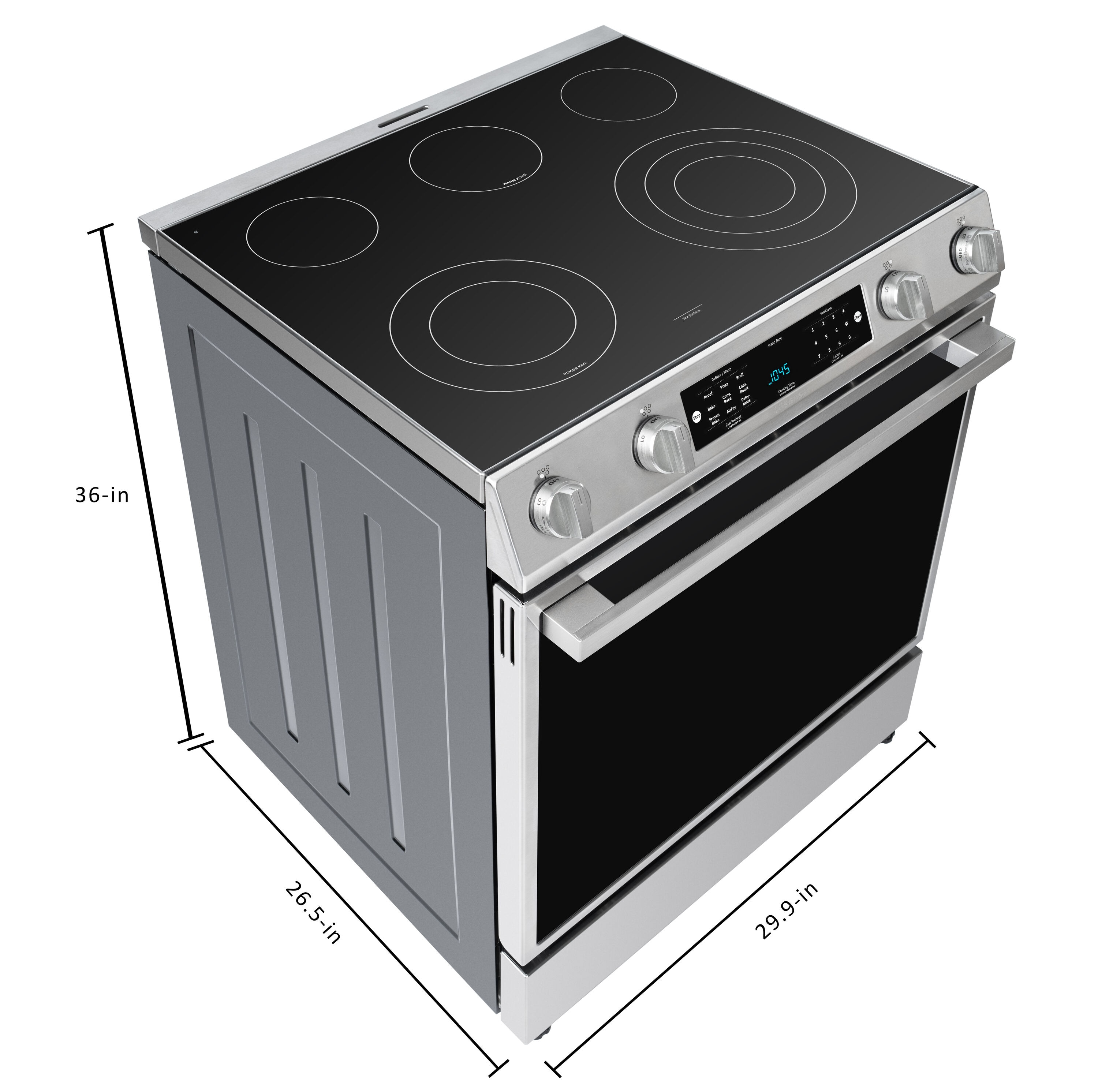Estufa eléctrica deslizable con horno de convección y freidora de aire de 5.8 pies cúbicos, 5 quemadores y tapa de cristal de 30 pulgadas de acero inoxidable.