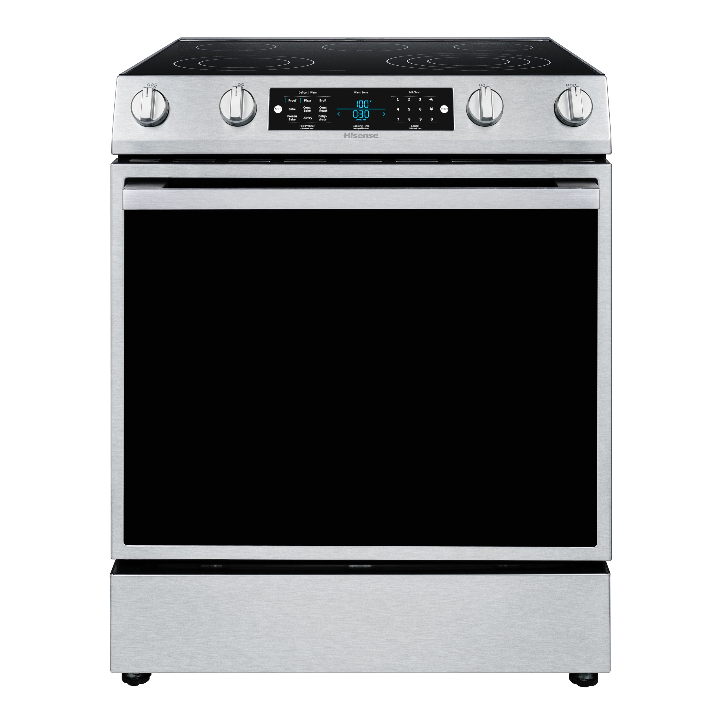 Estufa eléctrica deslizable con horno de convección y freidora de aire de 5.8 pies cúbicos, 5 quemadores y tapa de cristal de 30 pulgadas de acero inoxidable.