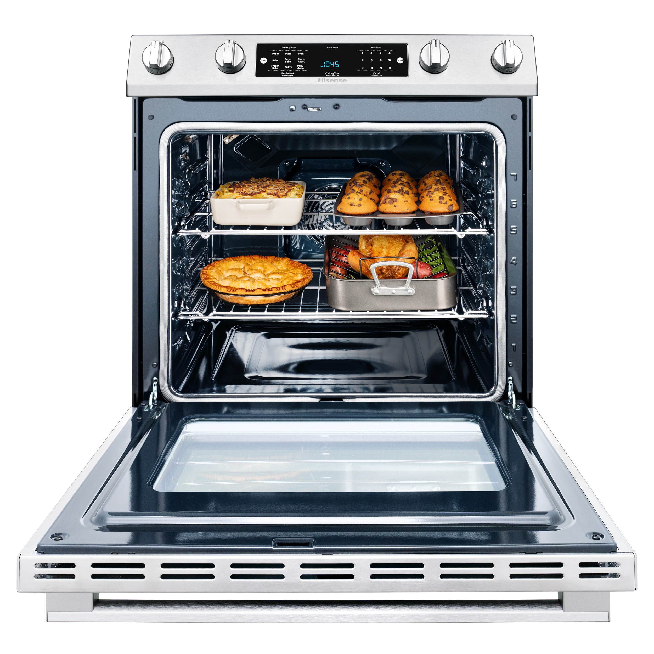 Estufa eléctrica deslizable con horno de convección y freidora de aire de 5.8 pies cúbicos, 5 quemadores y tapa de cristal de 30 pulgadas de acero inoxidable.