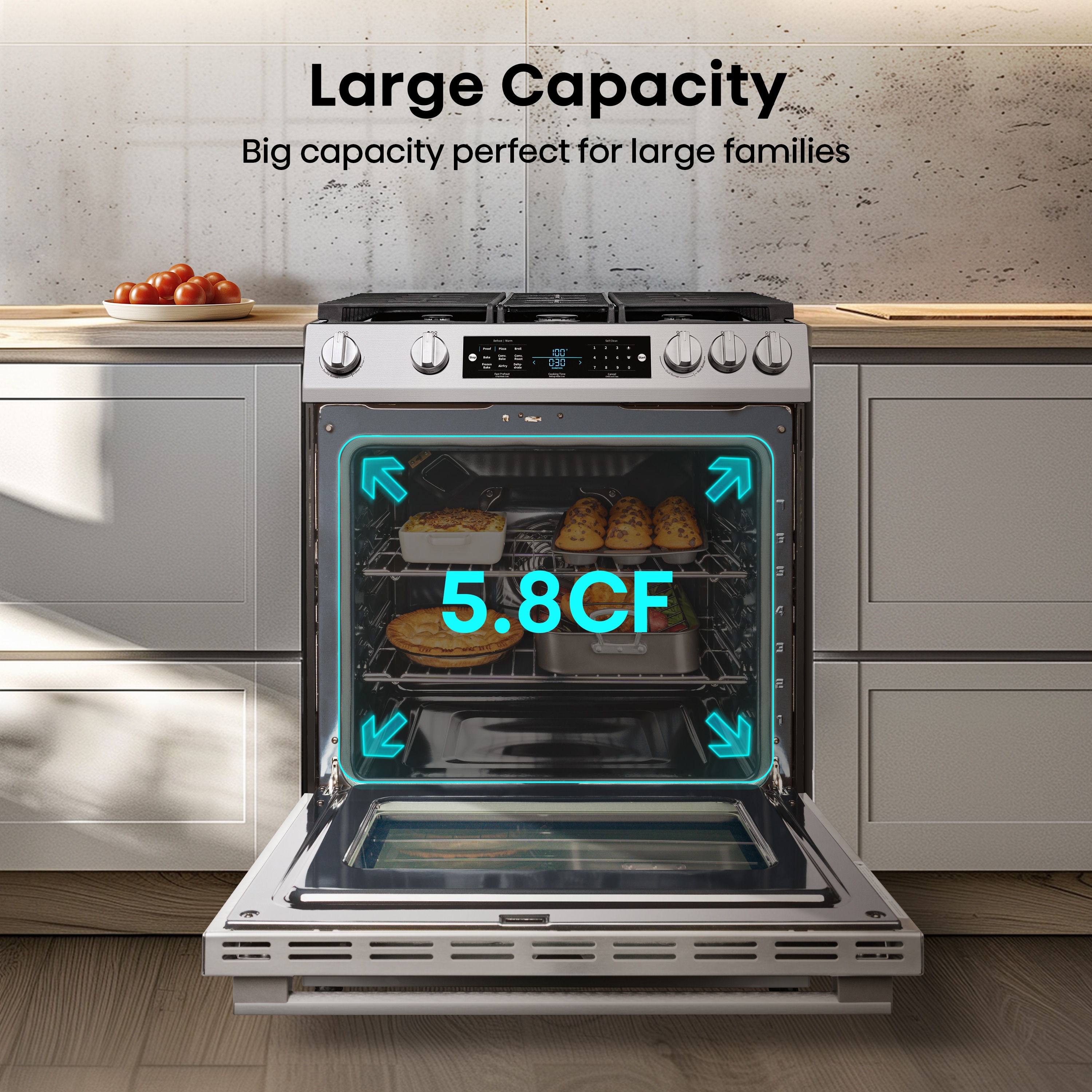 Estufa eléctrica independiente con horno de convección de freír al aire de 5.8 pies cúbicos y 5 quemadores de vidrio de 30 pulgadas (acero inoxidable)