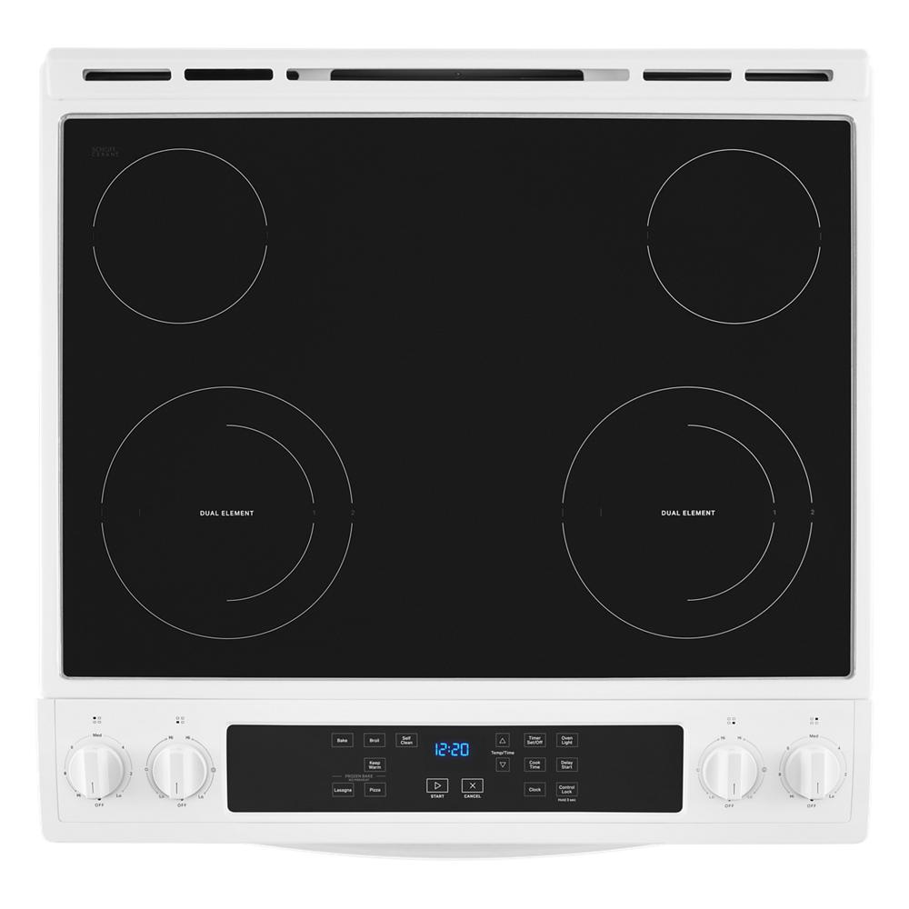 Estufa eléctrica deslizable de 4 quemadores y 4.8 pies cúbicos con tapa de vidrio de 30 pulgadas (blanco)