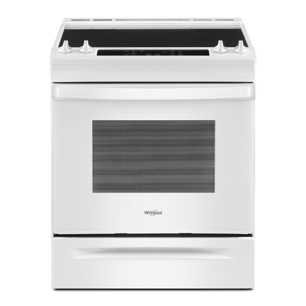 Estufa eléctrica deslizable de 4 quemadores y 4.8 pies cúbicos con tapa de vidrio de 30 pulgadas (blanco)